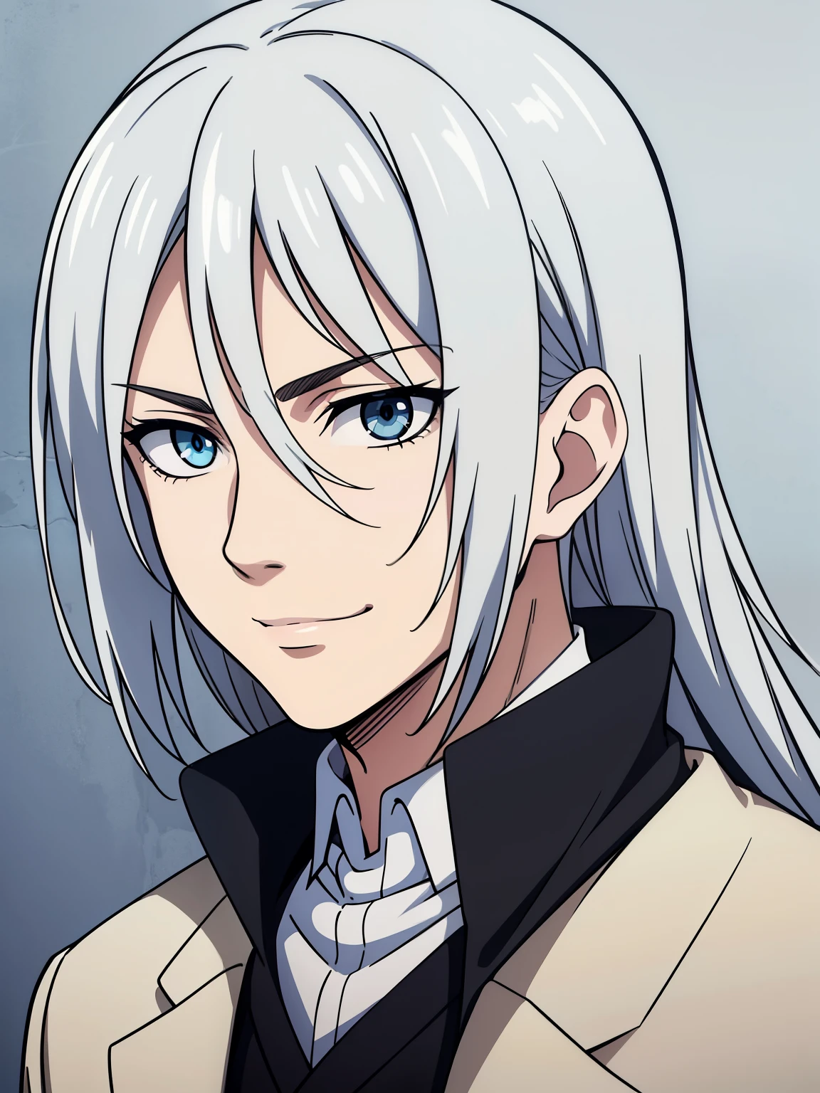 (high-quality, breathtaking),(expressive eyes, perfect face) 1boy, male, solo, portrait, bright smile, kind face, neutral expression, soft smile, Attack on Titan artstyle, portrait, stylized hairstyle, Symmetrical Eyes, silver hair, blue eyes, teenager, grey background, white and blue jacket, black shirt, belt, black pants, medieval clothing, long hair length, narrow eyes, charming
