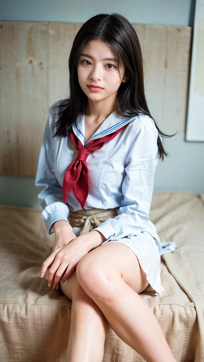 (masterpiece:1.2, Best Quality), (Realistic, photoRealistic:1.4), Beautiful illustrations, (Natural side lighting, Cinema Lighting), Beautiful thighs, Front View, 1 girl, Japanese schoolgirl, , Perfect Face, Cute symmetrical face, Japanese Girls&#39; 高校のSailor suit、
(blonde、Long Hair), Big eyes, thin, expensive、
Beautiful Hair, Beautiful Face, Beautiful and beautiful eyes, Beautiful clavicle, Beautiful body, Beautiful breasts, Beautiful thighs, Beautiful legs, Beautiful fingers, 
Uniform, Sailor suit, Navy blue traditional Japanese style, Red neckerchief and pleated skirt