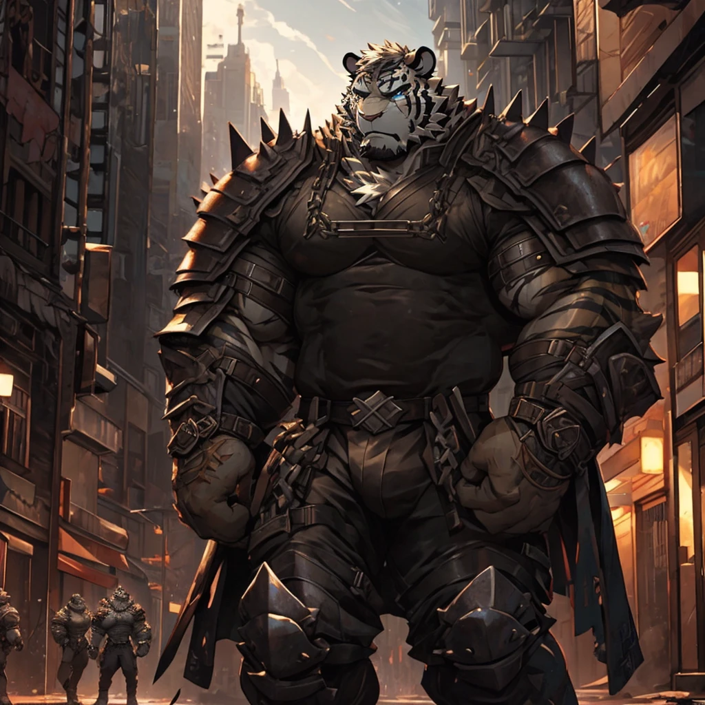 a muscular and burly mercenary, standing on a city street with a stern expression, highly detailed face, intricate armor and weapons, dramatic lighting, cinematic composition, gritty realistic style, dark moody colors muscular tiger