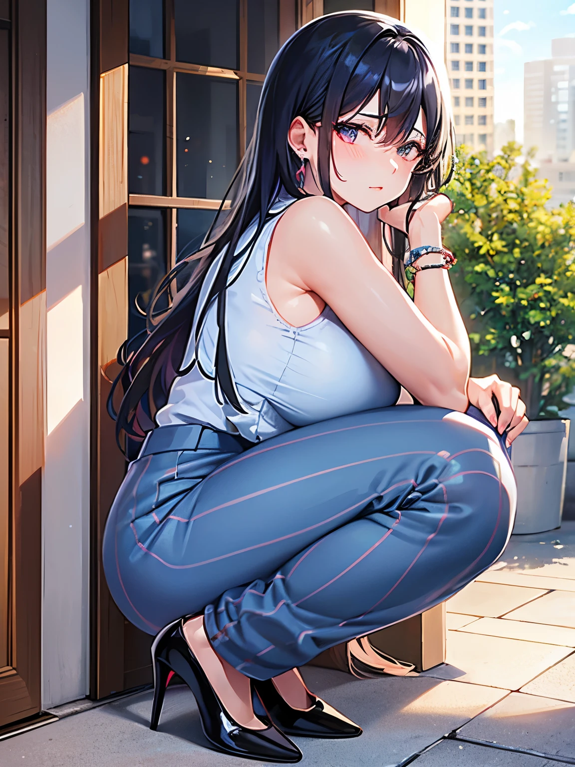 One female、Gaucho pants　light blue、All-lace pattern　Sleeveless shirt　pink、Big Breasts、Beautiful feet、Embarrassed expression、Black Hair　Long Hair、Office buildings、Crouching　Looking back　Wall、Diamond Earrings、Chain Necklaces、Red High Heels、Black Band Bag、Women&#39;s Watches　Silver