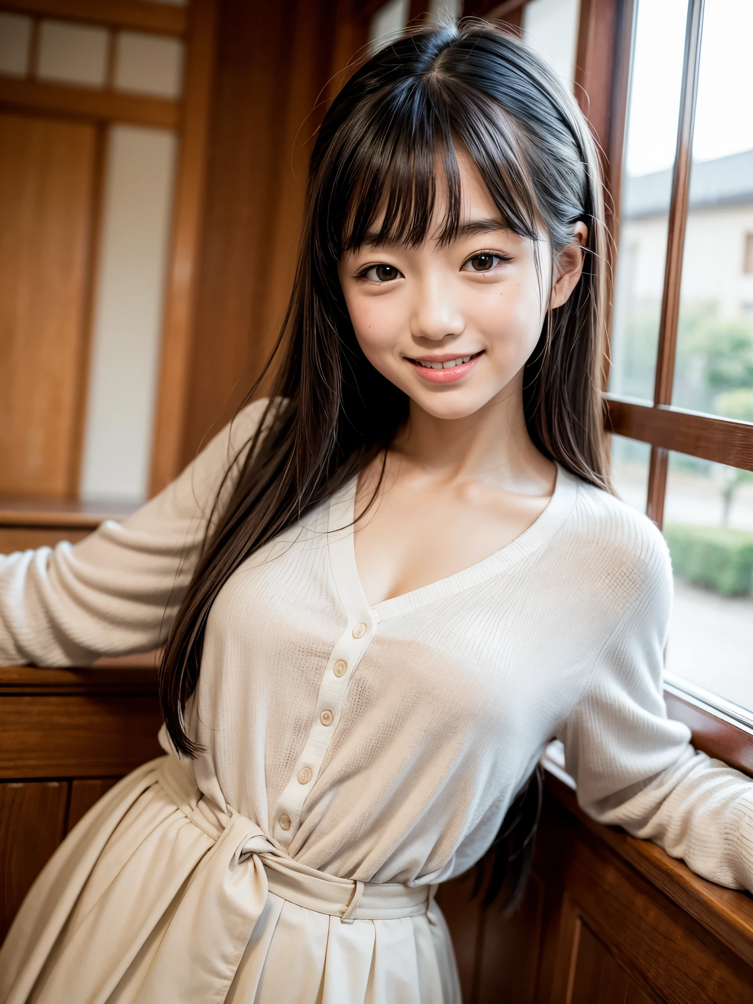 masterpiece,best quality,(Japanese ),((Beautiful girl)),cleavage,indoor,(perfect body beauty:1.2),(shy smile),beautiful teeth,