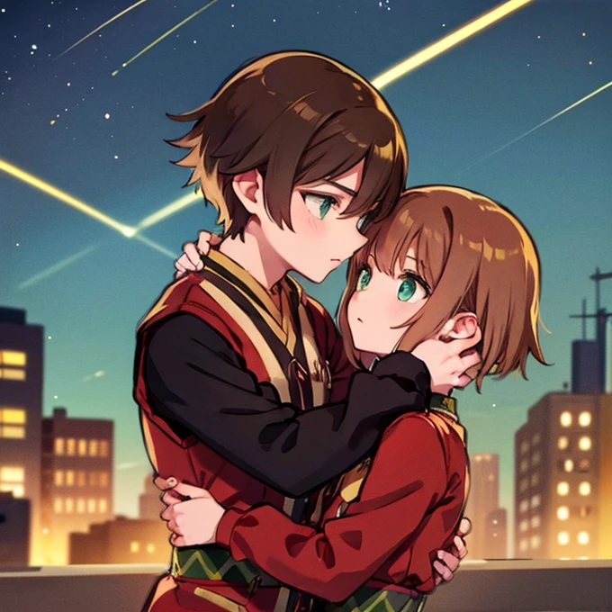 A girl with green eyes, short brown hair , red blouse with long sleeves, googles her hair, affectionately kissing a boy with short black hair on the lips, ojos marrones, lentes, red jacket with a night city behind them and shooting stars in the sky