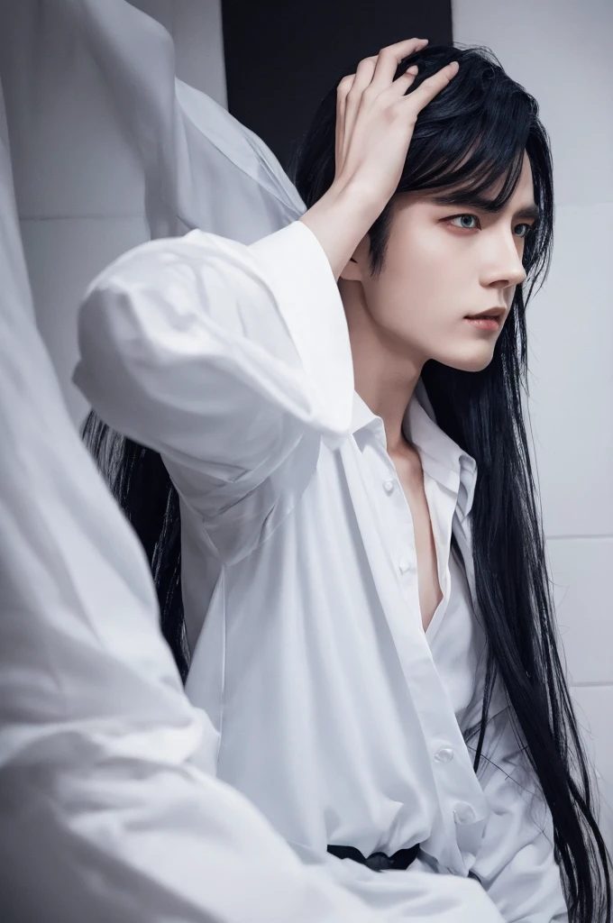 a close up of a person wearing a white shirt and black pants, anime handsome man, male anime character, handsome guy in demon slayer art, handsome anime pose, ilya kuvshinov with long hair, by Yang J, clothed in white shirt, delicate androgynous prince, with long hair and piercing eyes, tall anime guy with blue eyes