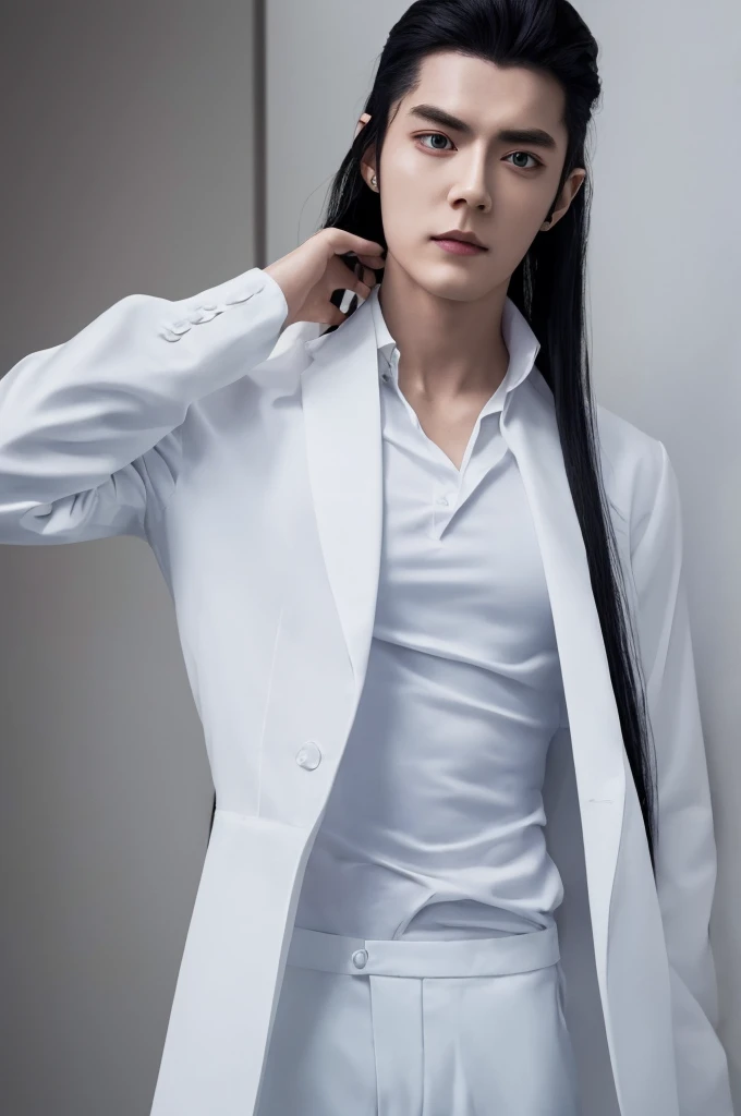 a close up of a person wearing a white shirt and black pants, anime handsome man, male anime character, handsome guy in demon slayer art, handsome anime pose, ilya kuvshinov with long hair, by Yang J, clothed in white shirt, delicate androgynous prince, with long hair and piercing eyes, tall anime guy with blue eyes