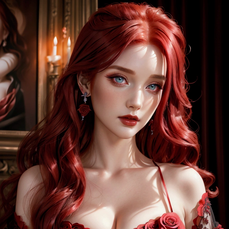 Lilith, the first vampire, beautiful and sensual, completely naked, with completely white and pale skin, pink eyes, with very long and wavy red hair, immersing herself in a pond of red water in front of a palace of Gothic architecture with gold ornaments , painted by Sandro Botticelli