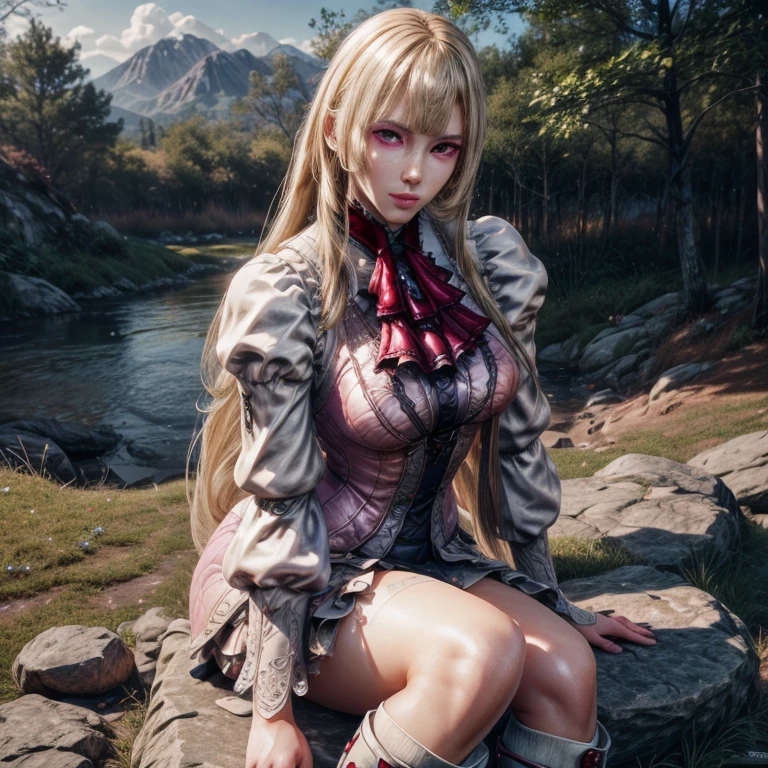 Photo of a beautifull lili from tekken with long blonde hair, blue eyes, beautiful face, sit on the rock wearing pink thigh-high socks, crossed legs, and stylish boots, (best quality,4k,8k,highres,masterpiece:1.2),ultra-detailed,(realistic,photorealistic,photo-realistic:1.37),beautiful detailed eyes,beautiful detailed lips,extremely detailed eyes and face,longeyelashes,detailed fashion,intricate details,elegant pose,warm lighting,soft colors,cinematic lighting,delicate skin,highly detailed portrait