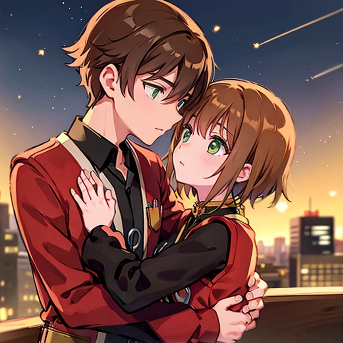 A girl with green eyes, short brown hair , red blouse with long sleeves, googles her hair, affectionately kissing a boy with short black hair on the lips, ojos marrones, lentes, red jacket with a night city behind them and shooting stars in the sky, sice difference 