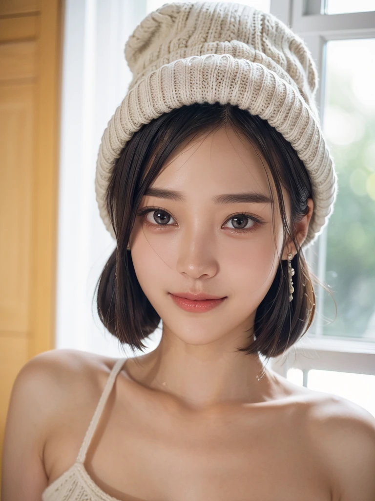 (masuter piece:1.3)、(8K、Photorealsitic、Raw photography、top-quality: 1.4)、(1girl in)、beautiful countenance、(Lifelike face)、(Light Beige Mixed Hair、short-hair:1.3)、(Busty Boobs)、Wearing a short、Hoodie without front closure 、((Sexy clothes))、Beanie、Wearing a knitted cute pom-pom hat、(Display hats on the screen)、realisticeyes、Beautiful details、（real looking skin）、Beautiful skins、absurderes、enticing、超A high resolution、A hyper-realistic、high-detail、the golden ratio