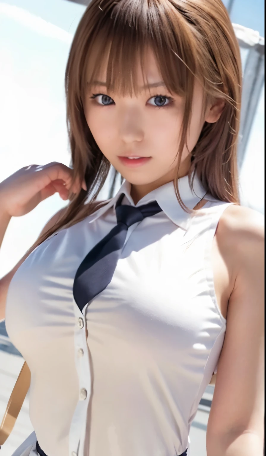 Overall in detail、High detail、girl、Her breasts are spilling out of her tight white blouse、Loosen your tie and open your chest、A beige vest close to white with a tie、sexy、School uniform cosplay、She opens her legs under her skirt to reveal her white panties:2.5