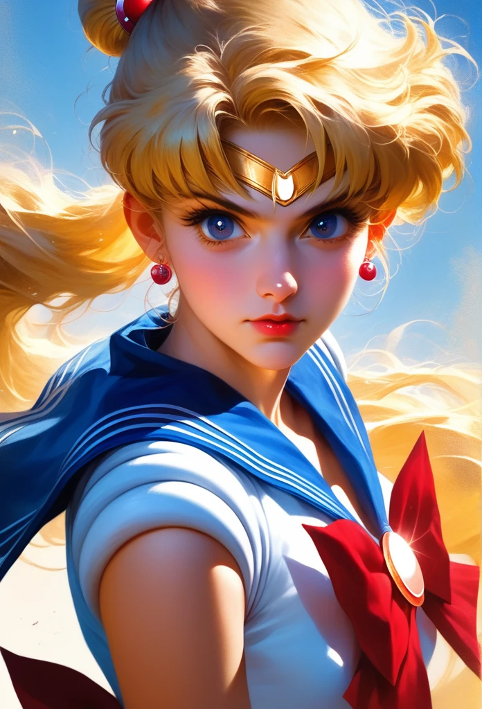 a beautiful detailed sailor venus, detailed face and eyes, long eyelashes, blonde hair, sailor moon uniform, dynamic pose, intricate details, digital painting, octane render, hyperrealistic, cinematic lighting, vibrant colors, dramatic composition, photorealistic, best quality, 8k, masterpiece