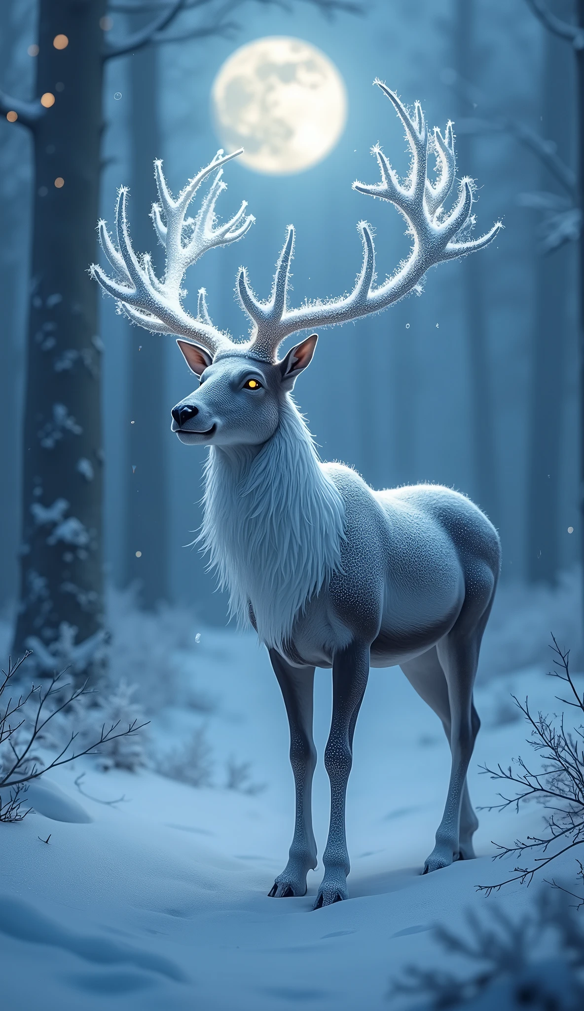 There is a white deer with antlers standing in the snow - SeaArt AI
