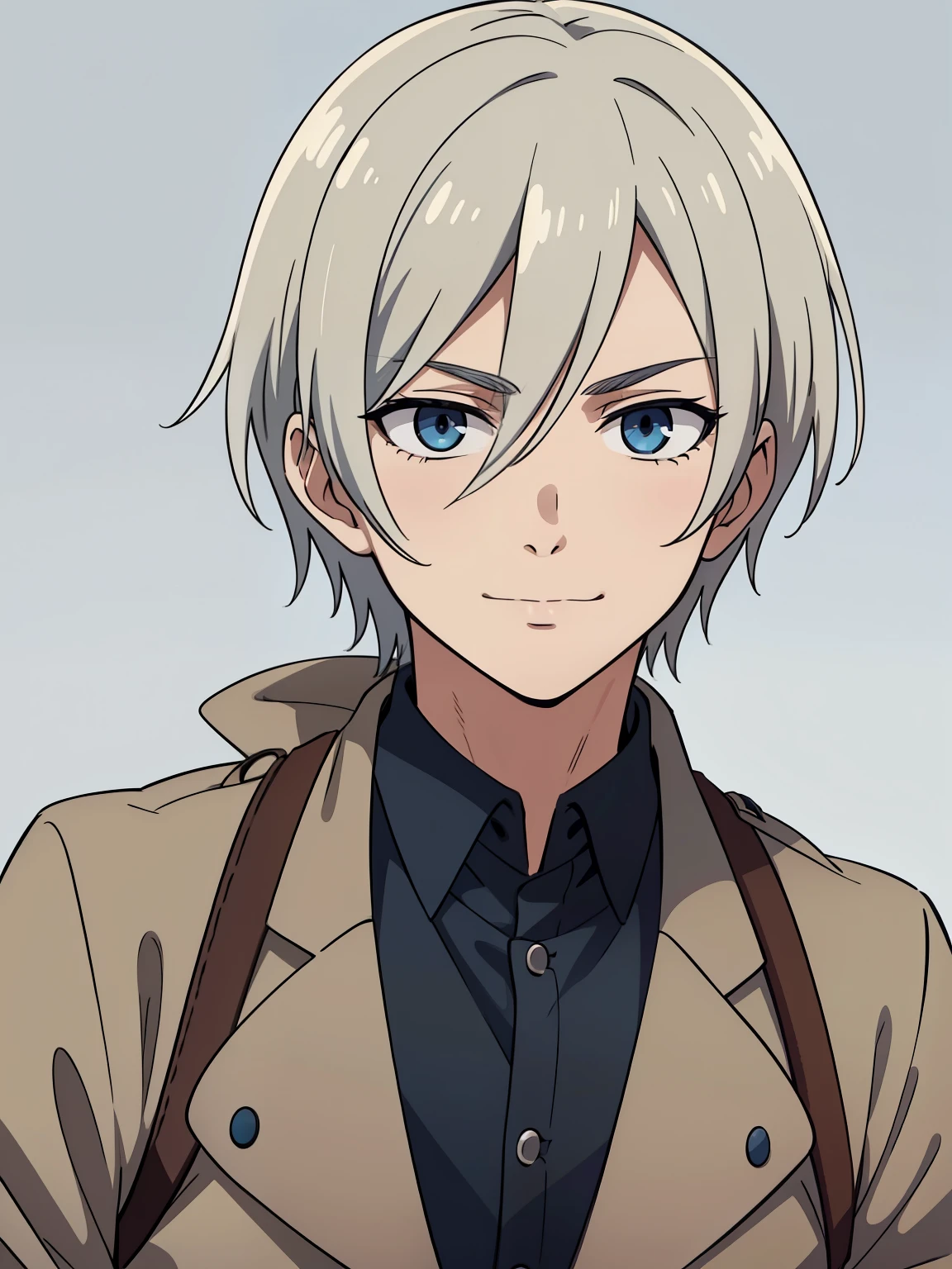 (high-quality, breathtaking),(expressive eyes, perfect face) 1boy, male, solo, portrait, bright smile, kind face, neutral expression, soft smile, Attack on Titan artstyle, portrait, stylized hairstyle, Symmetrical Eyes, silver hair, blue eyes, young face, teenager, grey background, white and blue jacket, black shirt, belt, black pants, medieval clothing, attack on titan clothing
