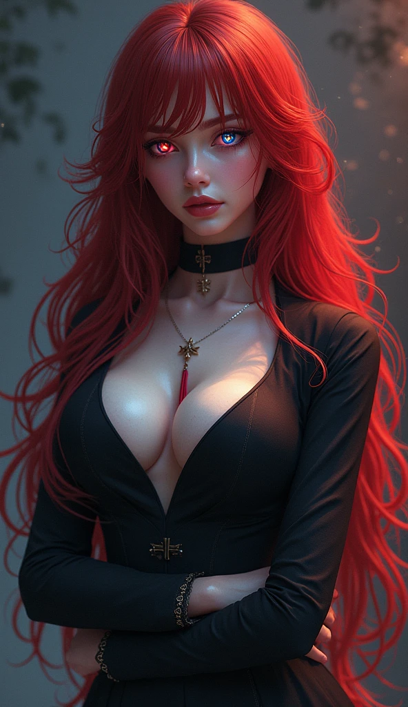 portrait shot, ((vivid red hair)), mature woman, 30 years old, diamond face, moonlight, red starry sky background, depth of field, magic, big red lips, ((dark black eyes)) black and red long and full dress, covered chest, mystical atmosphere, ominous shadows, Intense blue aura, Intense red aura (best quality:1.2), absurdres, intricate details, (highly detailed skin:1.2), smile expression, posing, taut and well defined body, attractive. Highly realistic, pale skin, beautiful, hyperrealism, skin very elaborated, direct gaze