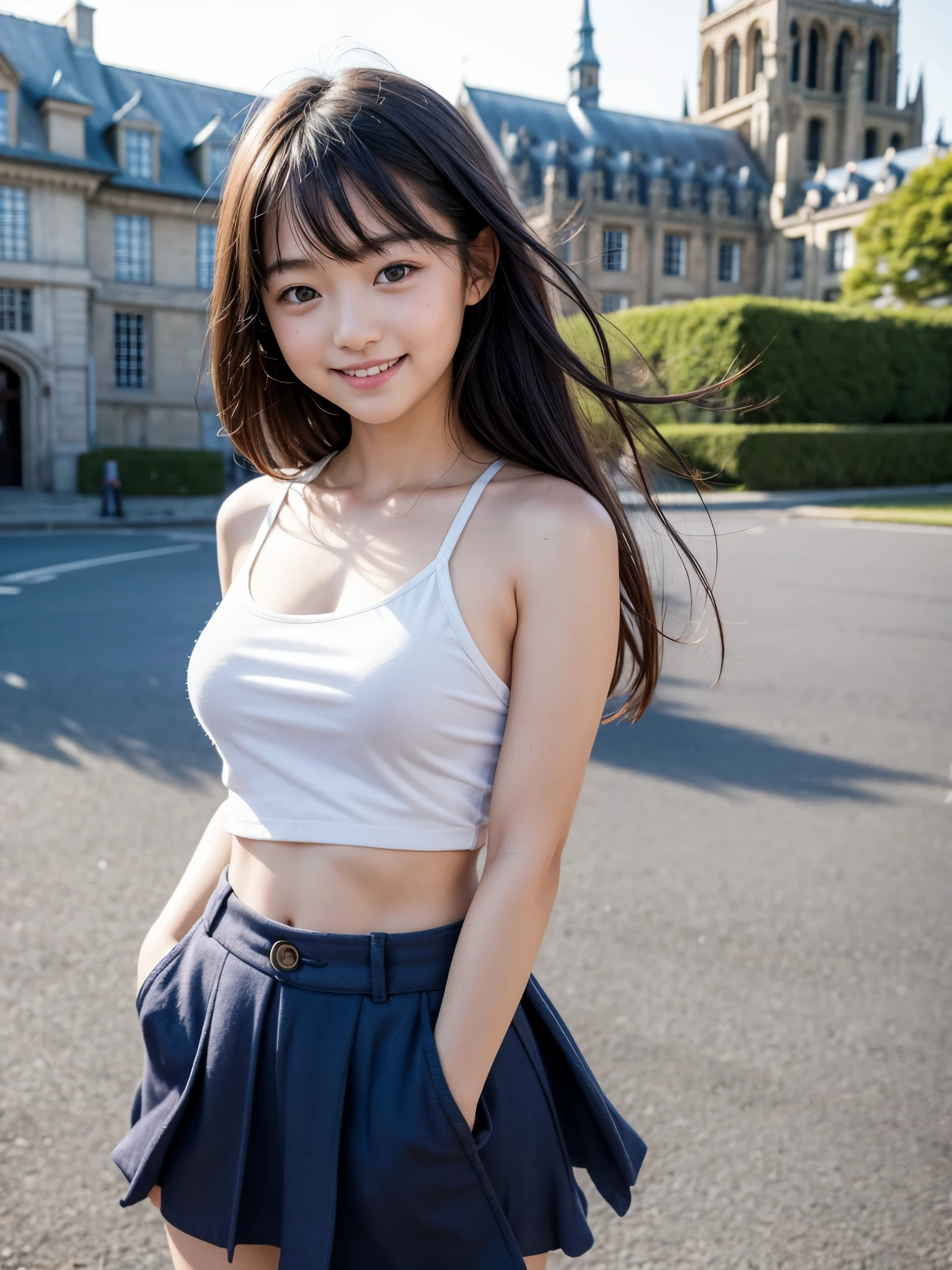 (RAW Photos:1.2), (Realistic), Beautiful detailed girl, Very detailedな目と顔, Narrow and beautiful eyes, Large file size, High resolution, Very detailed, highest quality, [Tabletop:1.6], shape, Very detailed, Finer details, highest quality, 8k wallpaper, Cinema Lighting, 15 year old Japanese girl, Road on the river bank, Riding a bicycle, Early summer season, sunny, Looking back from behind and smiling,  Bright expression, ,  Windy season, The wind has blown her skirt up, exposing her white panties, Navy blue pleated skirt, white cotton panties, Long hair fluttering in the wind, Slender body,  Small Ass, Exposed underwear,  A refreshing expression, Early summer scenery