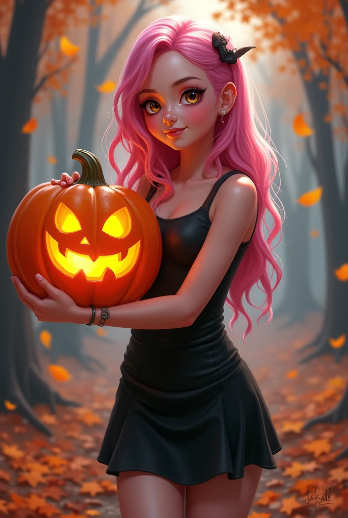 a bold and vibrant cartoon pumpkin with donald trump's hairstyle and facial expression,1 girl celebrating with dabbing pose,beautiful detailed eyes,beautiful detailed lips,extremely detailed eyes and face,long eyelashes,ornate irezumi tattoos,dark gothic fashion,standing beside giant bitcoin and dogecoin crystals,mesmerizing purple nebula background,best quality,4k,8k,highres,masterpiece:1.2,ultra-detailed,realistic,photorealistic,photo-realistic:1.37,HDR,UHD,studio lighting,ultra-fine painting,sharp focus,physically-based rendering,extreme detail description,professional,vivid colors,bokeh,concept art