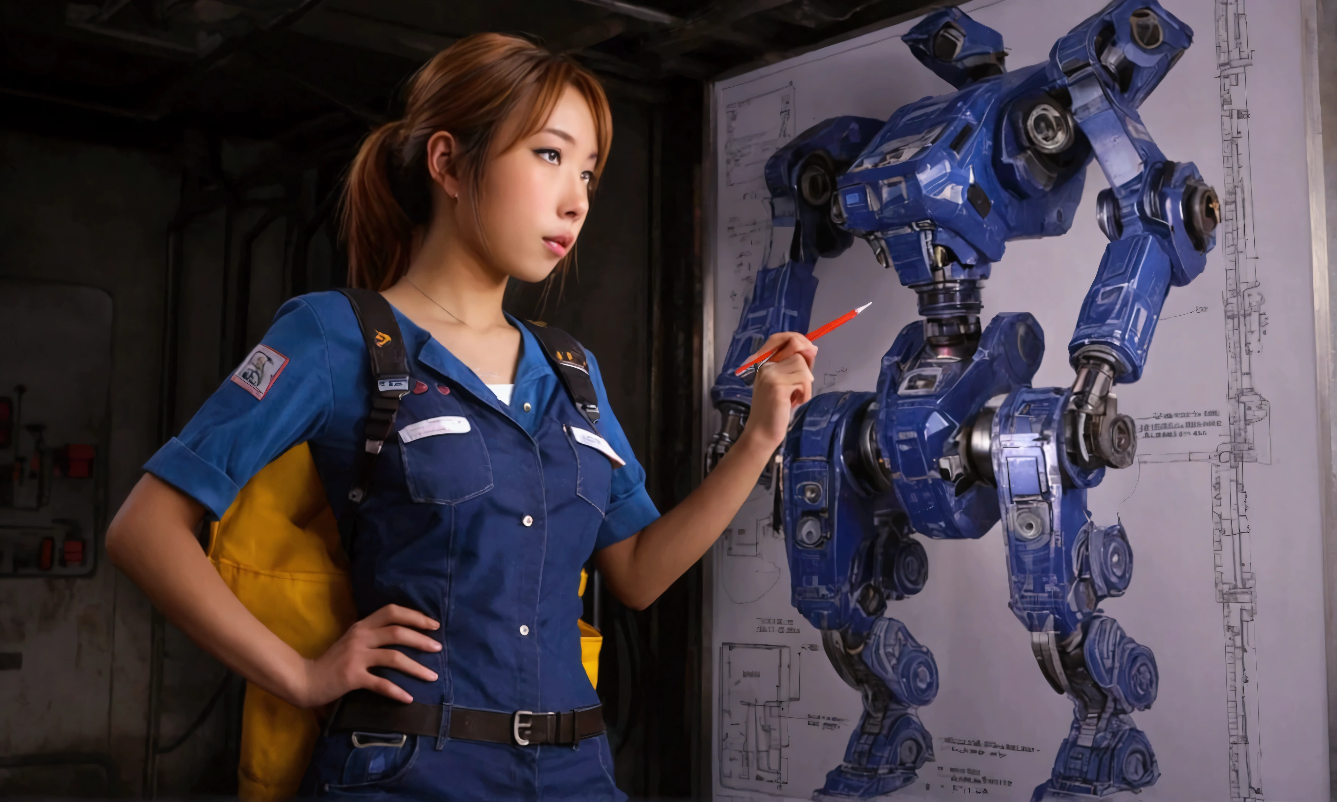 cute yuna (sexy technician outfit with frayed edges and many holes, grease smudges) is studying a mech's technical readouts on a wall (architectural design of mech), mech bay, focus on schematic
