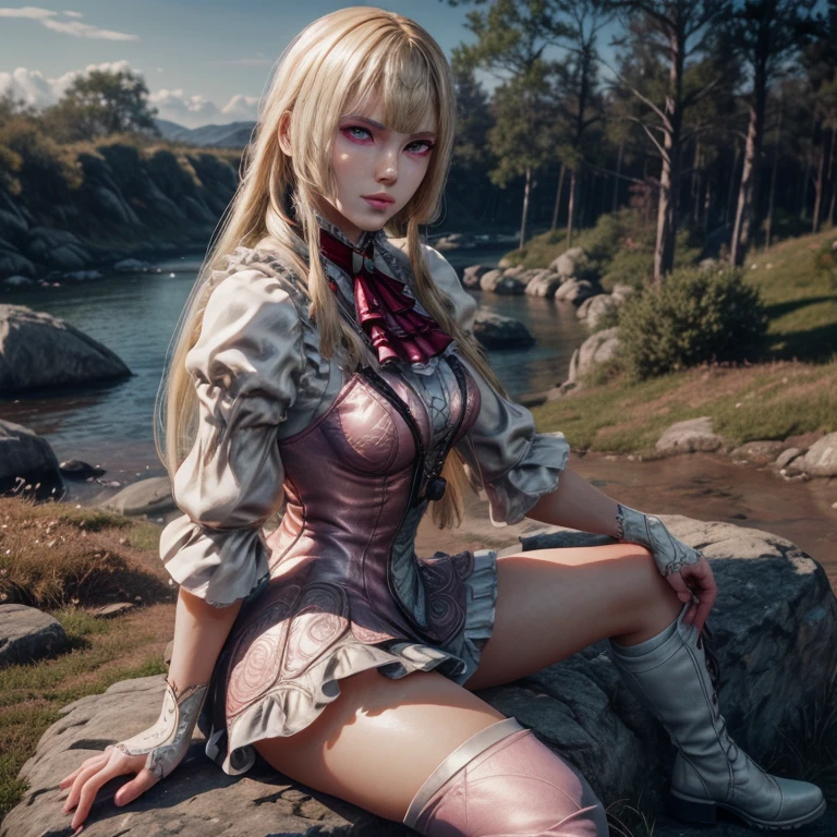 Photo of a beautifull lili from tekken 30 years old, long blonde hair, blue eyes, beautiful face, sit on the rock wearing pink thigh-high socks, crossed legs, and stylish boots, (best quality,4k,8k,highres,masterpiece:1.2),ultra-detailed,(realistic,photorealistic,photo-realistic:1.37),beautiful detailed eyes,beautiful detailed lips,extremely detailed eyes and face,longeyelashes,detailed fashion,intricate details,elegant pose,warm lighting,soft colors,cinematic lighting,delicate skin,highly detailed portrait