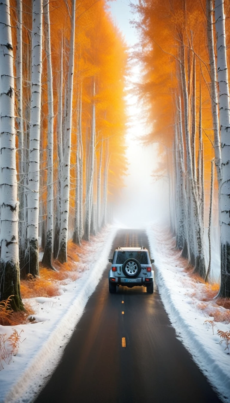 there is a car driving down a snowy road in the woods, marc adamus, vehicle photography, prize winning color photo, auto photography, automotive photography, road between tall trees, jeep in background, car photography, the tunnel into winter, traveling through the mountains, by rainer hosch, breathtaking composition, road in a forest road, infrared photography, amazing depth