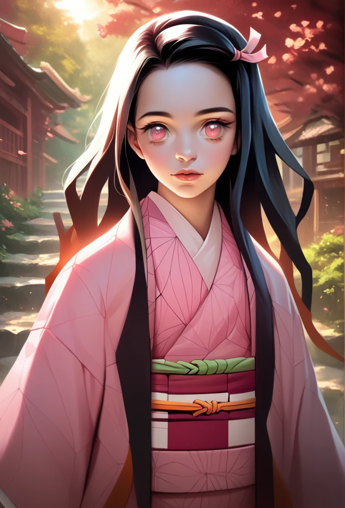 Nezuko, a young girl with beautiful detailed eyes, beautiful detailed lips, extremely detailed face, long eyelashes, wearing a pink kimono, standing in a Japanese garden with sakura trees, tilt-shift lens, cinematic lighting, vibrant colors, digital painting, 8k, high resolution, photorealistic, masterpiece