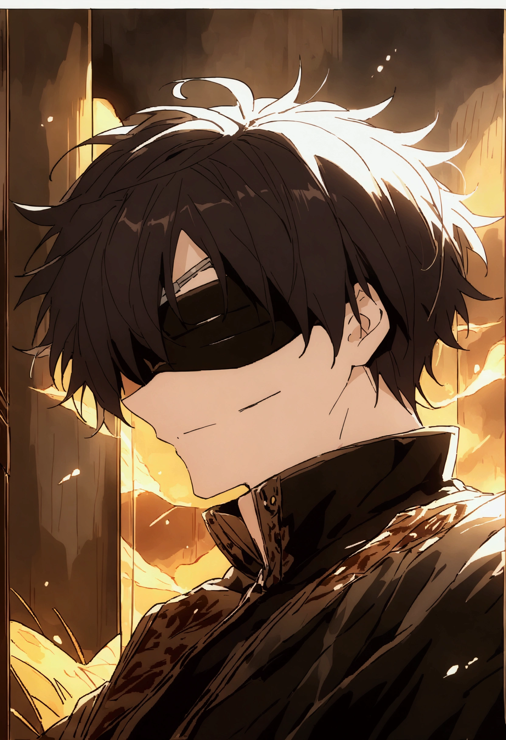 ,blindfold, Meticulous painting style,Soft and fresh colors,Gentle lighting effects,Picturesque picture quality,Warm atmosphere, boy in black clothes, black short hair