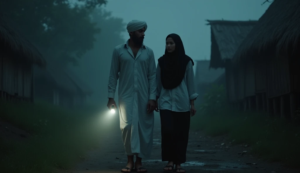 A couple of 20 years in rain in which boy is lying down in mud and crying and wearing eastern dress and girl.is standing and laughing on.him from a distance while she is wearing black dress with dupatta and they both are in a well house