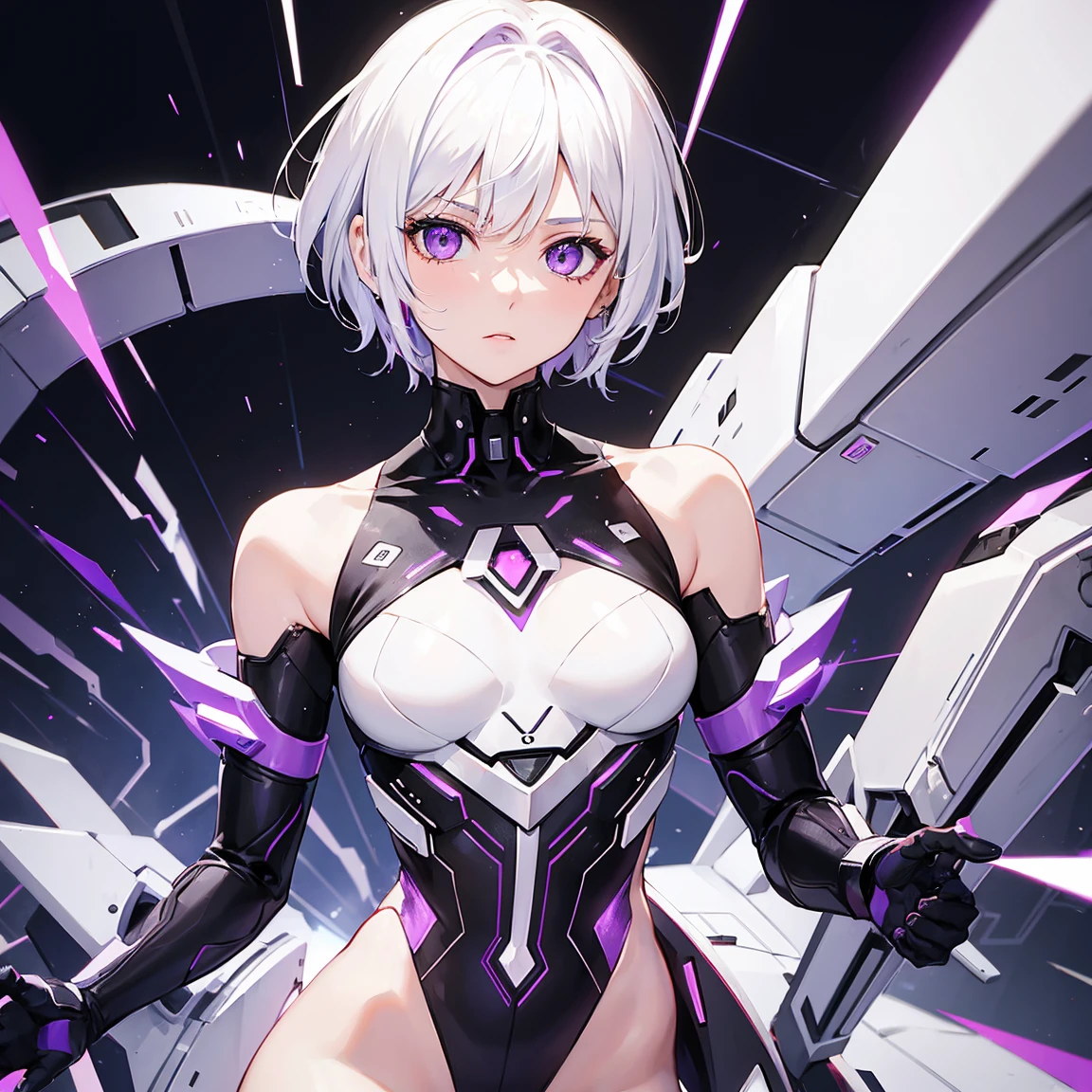 ,1girl,(teen:1.5), (short_ponytail:1.3), (light_whitish_purple_hair:1.3),black_mechanical_armor,white_breasts_parts_red_black_body_suit,bare_shoulder,bare_slender_thighs,medium_breasts,city_background,Stinging_eyes,sleepy,thighhigh_greaves,gauntlets,dynamic_posing,bare_frank,metal_red_parts_armor,red_eye,solo,
fists,hold_weapon,glare,navel,large_mechanical_parts,happy,waist_armor,open_mouth,rise_legs,apart_legs, (covered_navel:1.3),(very_long_bangs:1.3), (hair_over_one_eye:1.5),(long_bang_covers_right_half_of_face:1.5),
(covered_pussy:1.1),covered_breasts,fighting,