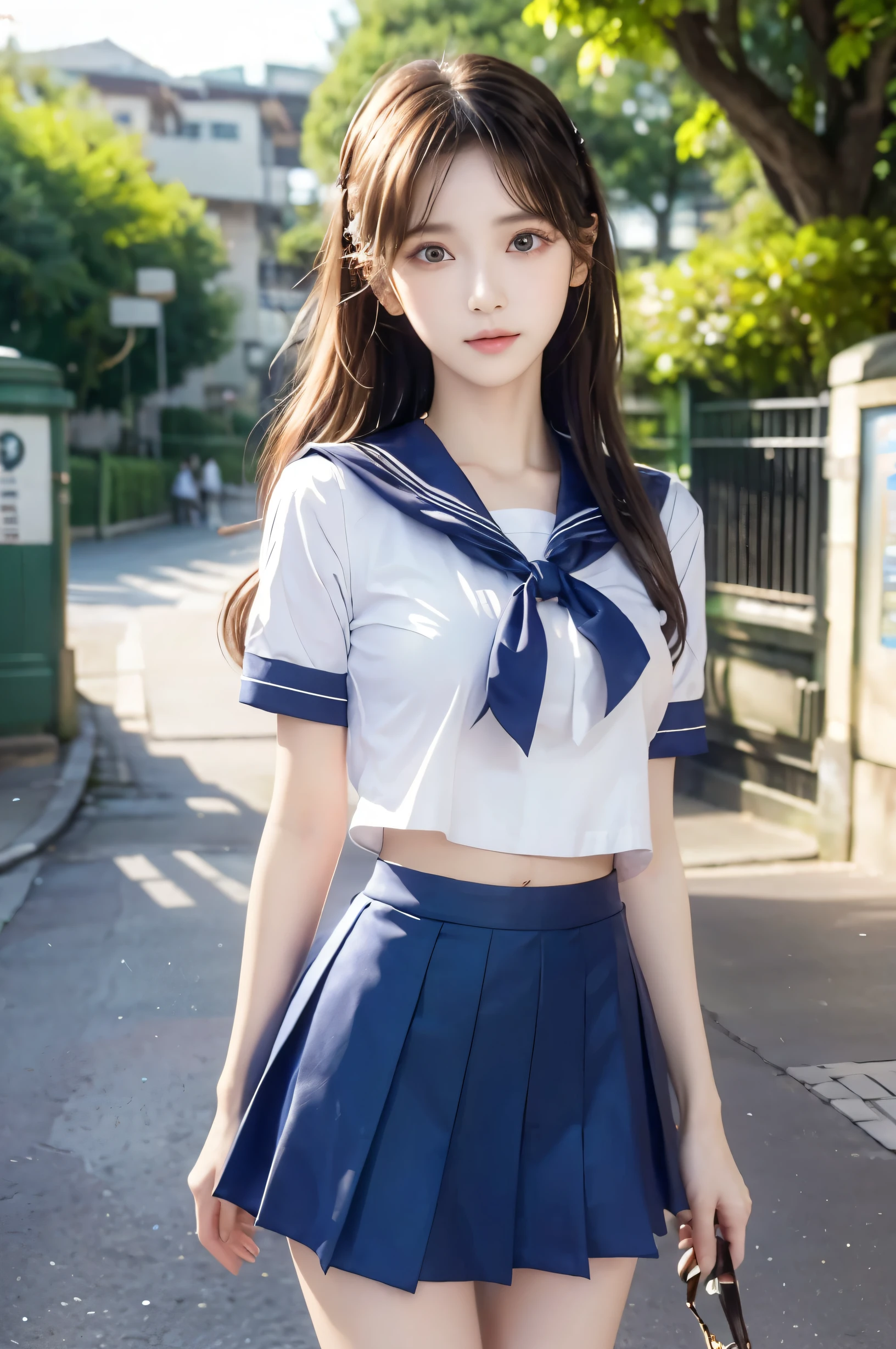 (Ultra HD), (Looking at me), (Short-sleeved sailor uniform, Navy blue mini skirt), Big Breasts, Super beautiful breasts, Slender, (Thin legs:1.2), (Thin thighs:1.2), (Thin Hips:1.4), (Beautiful Skin, Shiny skin, White skin), (Super slim face, Super beautiful face, No makeup, Smile:0.6), (Light Brown, Long Hair, Layered Cut, Fluffy hair), (Big eyes:1.3, High corners of the eyes:1.6, Double eyelids), (Thin eyebrows:0.1), (Small Nose:0.6), (Thin lips:0.6), Standing, In front of the school gate