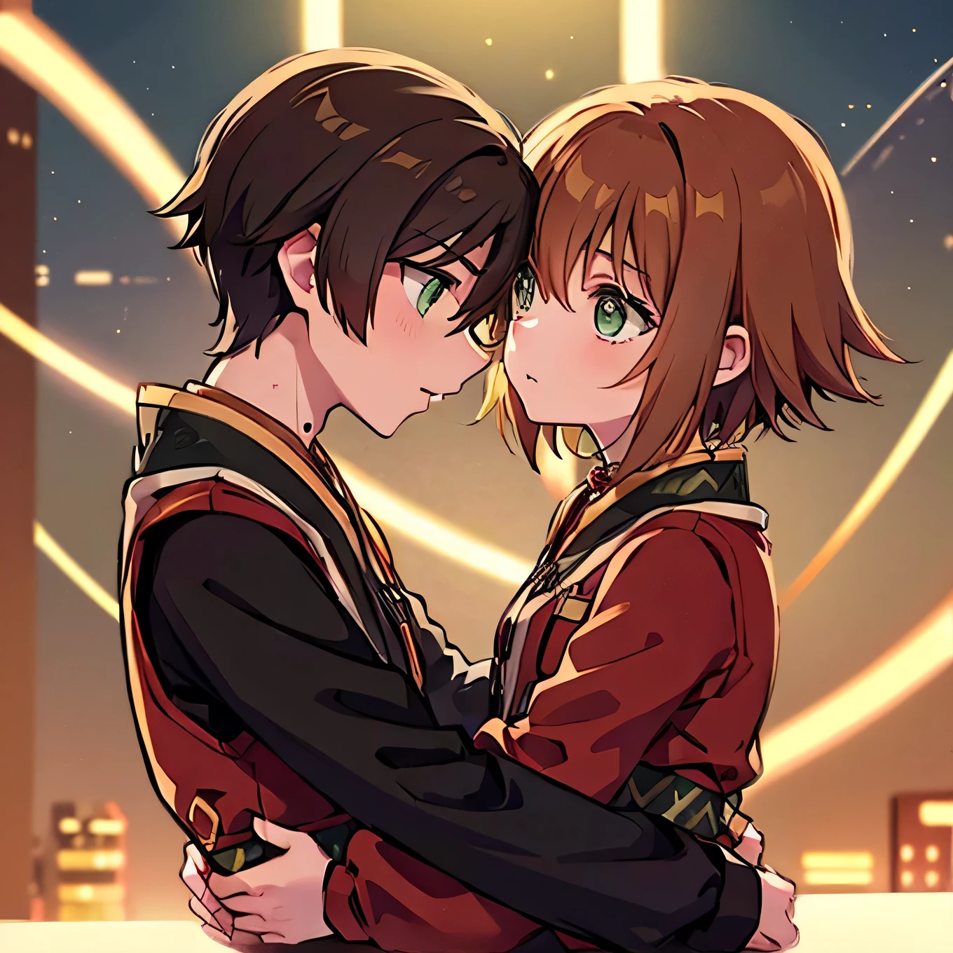 A girl with green eyes, short brown hair , red blouse with long sleeves, googles her hair, affectionately kissing a boy with short black hair on the lips, ojos marrones, lentes, red jacket with a night city behind them and shooting stars in the sky, sice difference 