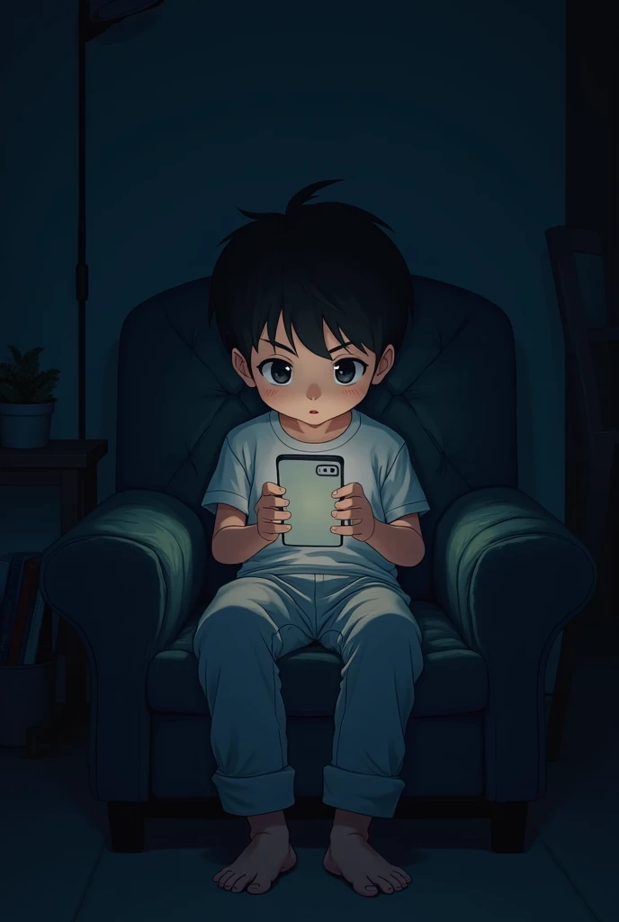 Drawing of a boy in manga style , sad with his phone in his hand in his room at night