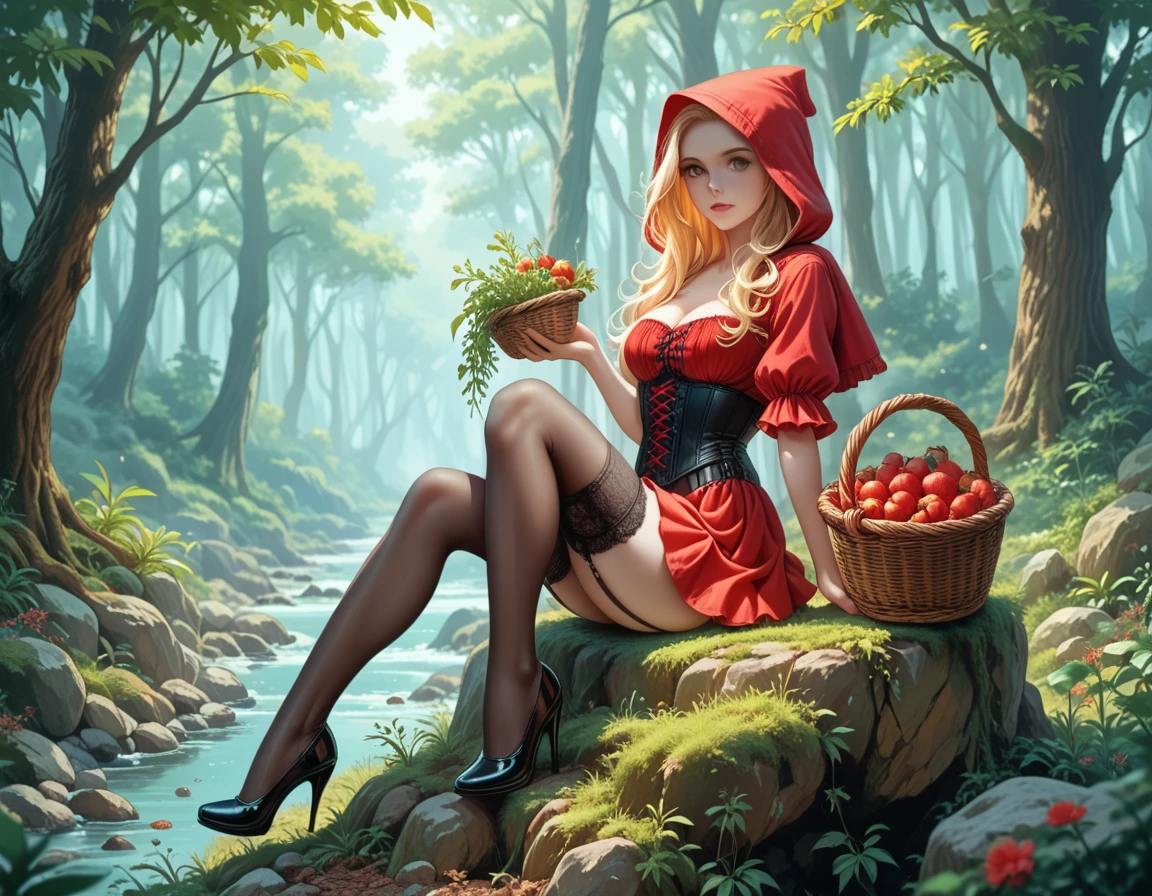 (score_9, score_8_up), score_7_up, masterpiece, best quality, detailed, intricate, vibrant colors, solo, 1girl, frilled dress, corset, mischievous, looking at viewer, hugging own legs, on giant mushroom, outdoors, autumn, nature, trees, sunset, hat, falling leaves, autumn colors