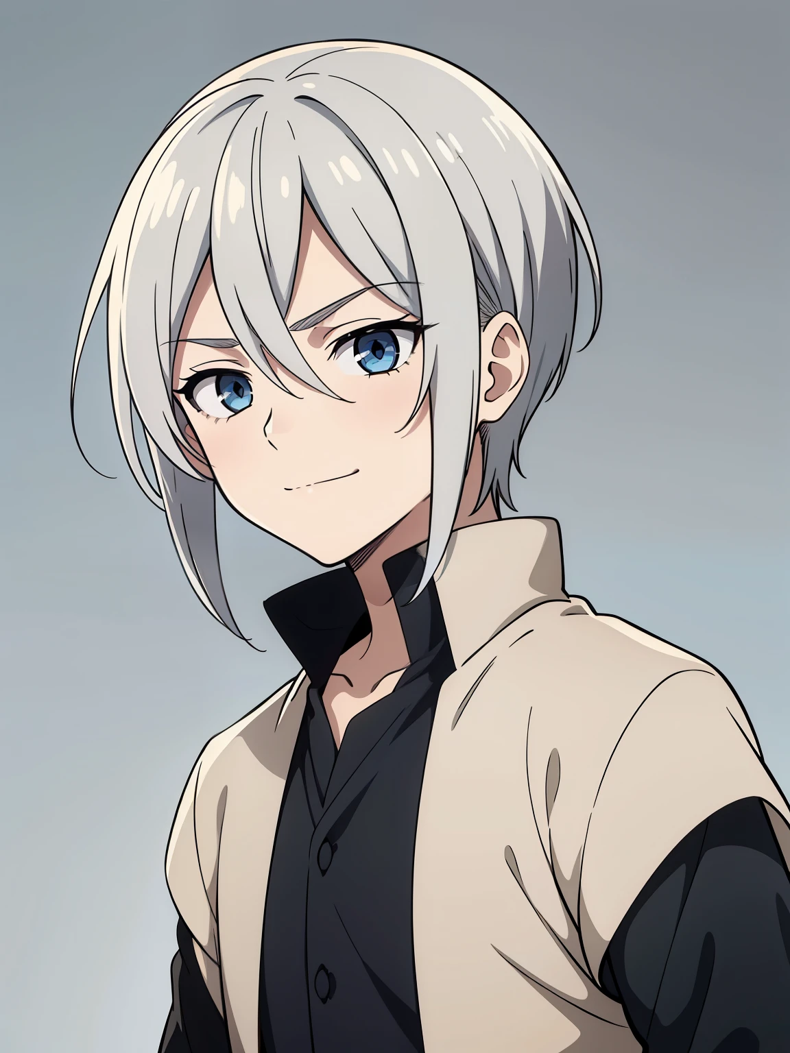 (high-quality, breathtaking),(expressive eyes, perfect face) 1boy, male, solo, portrait, bright smile, kind face, neutral expression, soft smile, Attack on Titan artstyle, portrait, stylized hairstyle, Symmetrical Eyes, silver hair, blue eyes, young face, teenager, grey background, white and blue jacket, black shirt, belt, black pants, medieval clothing, narrow eyes
