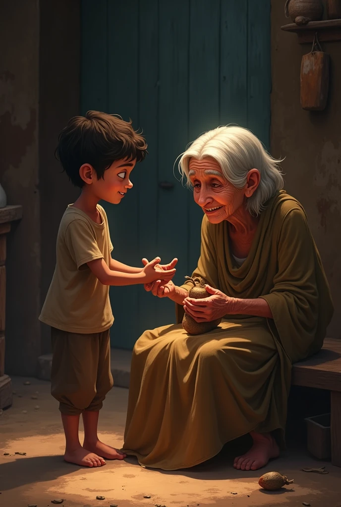 An old woman kneeling in front a child begging