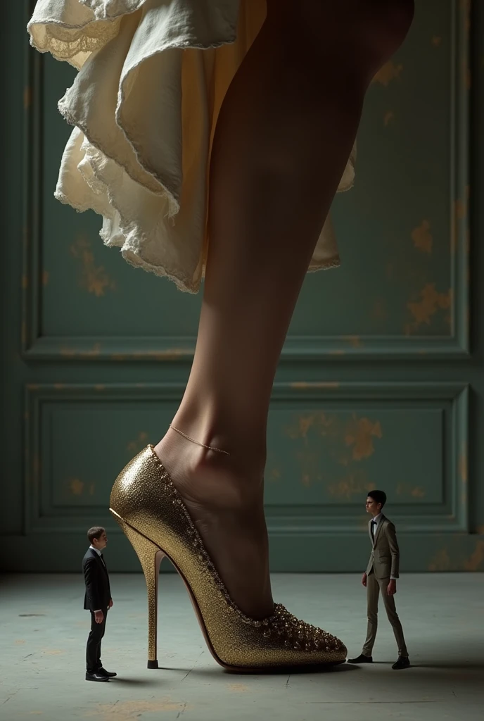 legs of a woman facing forward, with brown low heels, with a light yellow floral dress from the 60s that reached her legs, On one side of the feet there is a man's hand, lying on the ground. The image is with red and antique tones. Inside a house.
