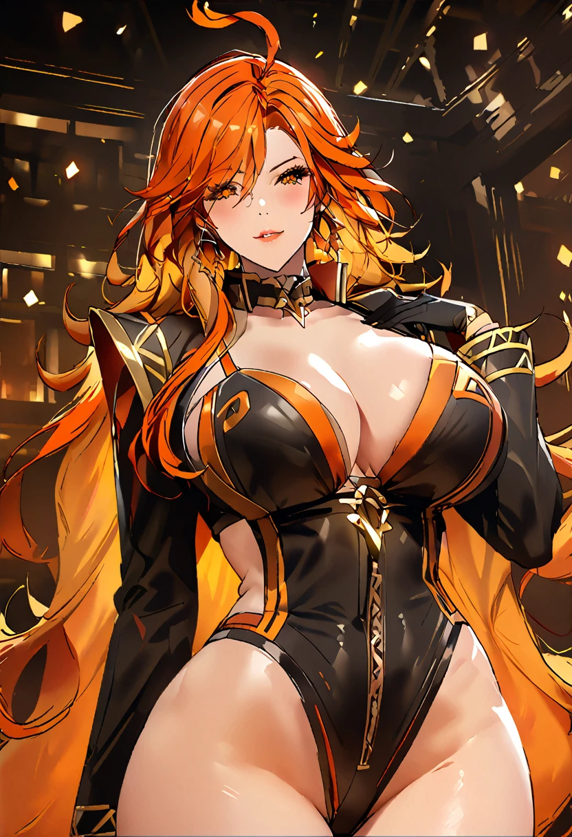 Adult woman, long red curly hair, Heterochromia, red and yellow eyes, fox ears and tails, Superhero Uniform Red, open thighs, fire, Masterpiece, hiquality