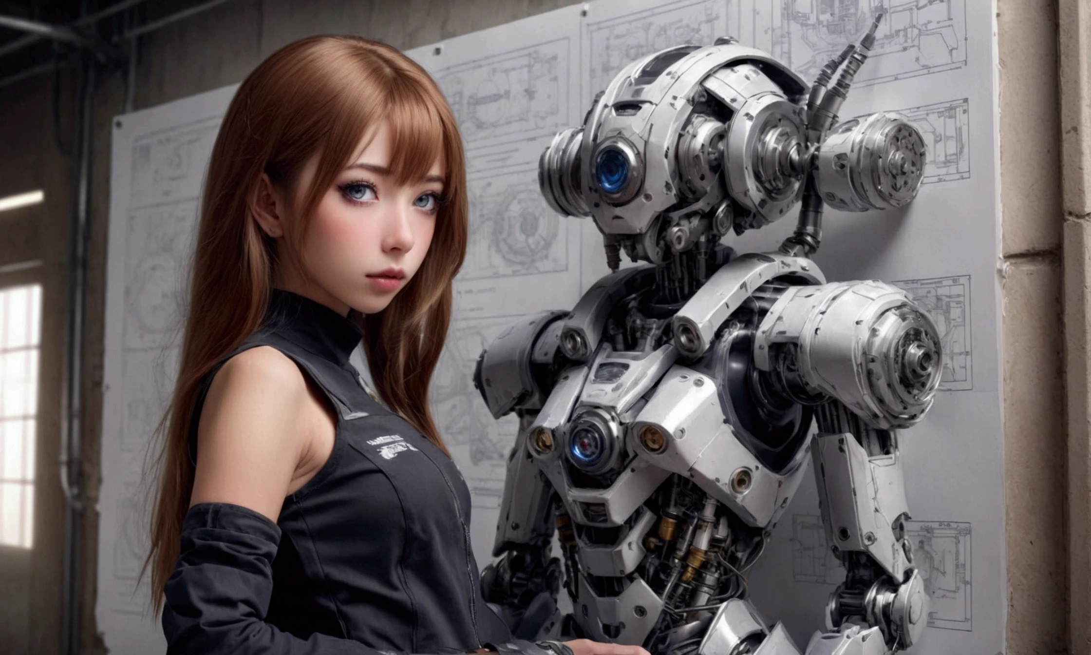 a cute anime girl in a sexy technician outfit with frayed edges and many holes, grease smudges, studying a mech's technical readouts on a wall, architectural design of mech, mech bay, focus on schematic, (best quality,4k,8k,highres,masterpiece:1.2),ultra-detailed,(realistic,photorealistic,photo-realistic:1.37),1girl,beautiful detailed eyes,beautiful detailed lips,extremely detailed eyes and face,longeyelashes,intricate details,dynamic lighting,cinematic composition,complex machinery,industrial setting,vivid colors,dramatic shadows
