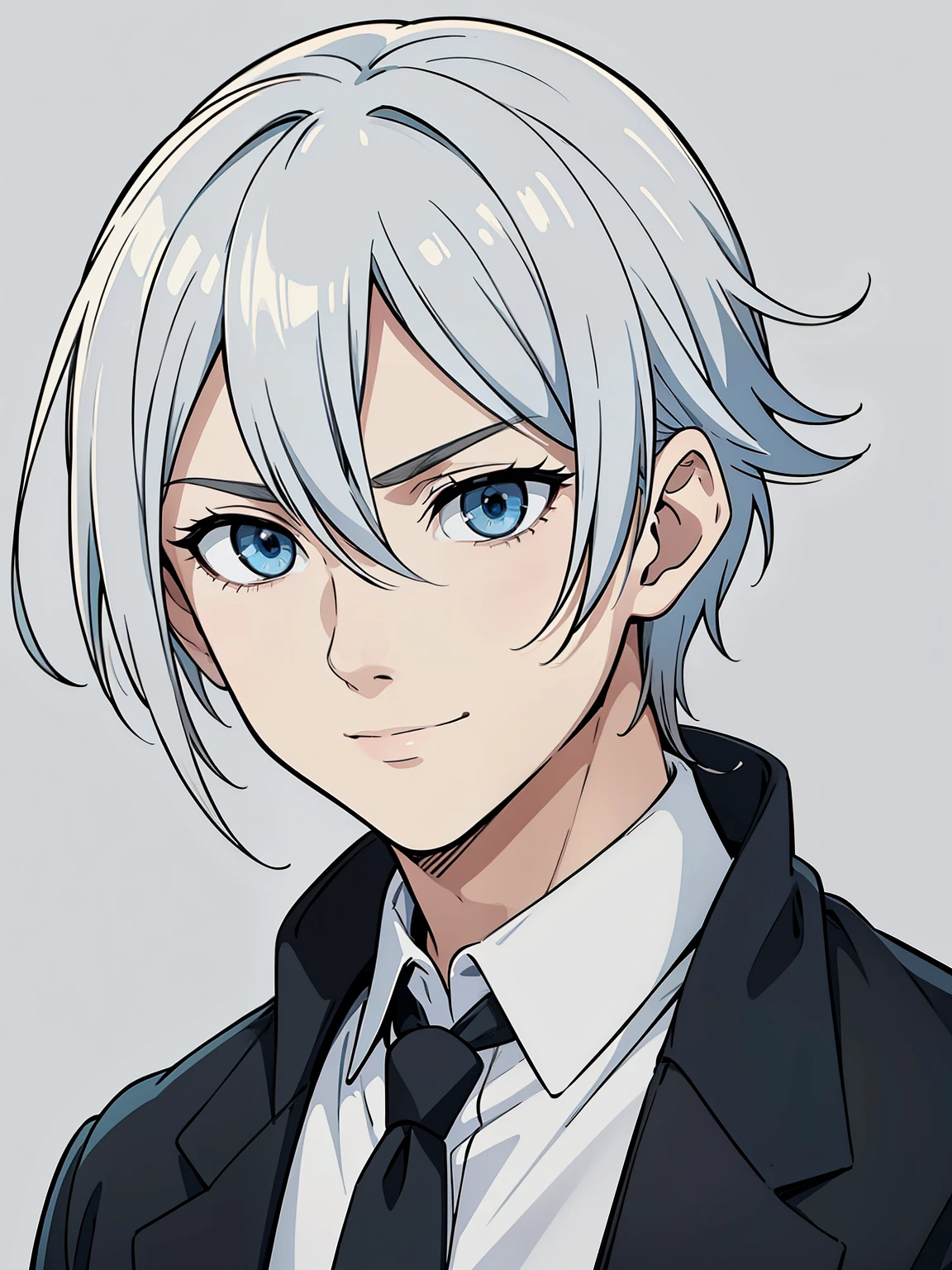 (high-quality, breathtaking),(expressive eyes, perfect face) 1boy, male, solo, portrait, bright smile, kind face, neutral expression, soft smile, Attack on Titan artstyle, portrait, stylized hairstyle, Symmetrical Eyes, silver hair, blue eyes, young face, teenager, grey background, white and blue jacket, black shirt, belt, black pants, medieval clothing, narrow eyes
