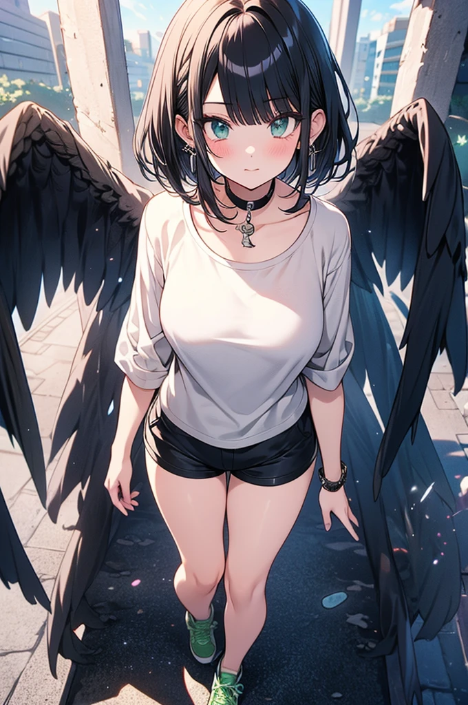 (masutepiece,Best Quality,8K),(extremely detailed CG1.1),s girl,Smile,large boob,(From below:1.2),Intricate details , Hyper realistic, Perfect Anatomy,A dark-haired,Red Eyes,(((Forehead))),Permed hair with wavy hair,(((length hair))),Hair over one eye,hair slicked back,Full body,tshirts,Black shorts,blush,Happy smile,Bedrooms,night view,optic,(chromatic abberation:1.3),Dynamic Angle,bird flocks,Cowboy Shot,Looking at Viewer