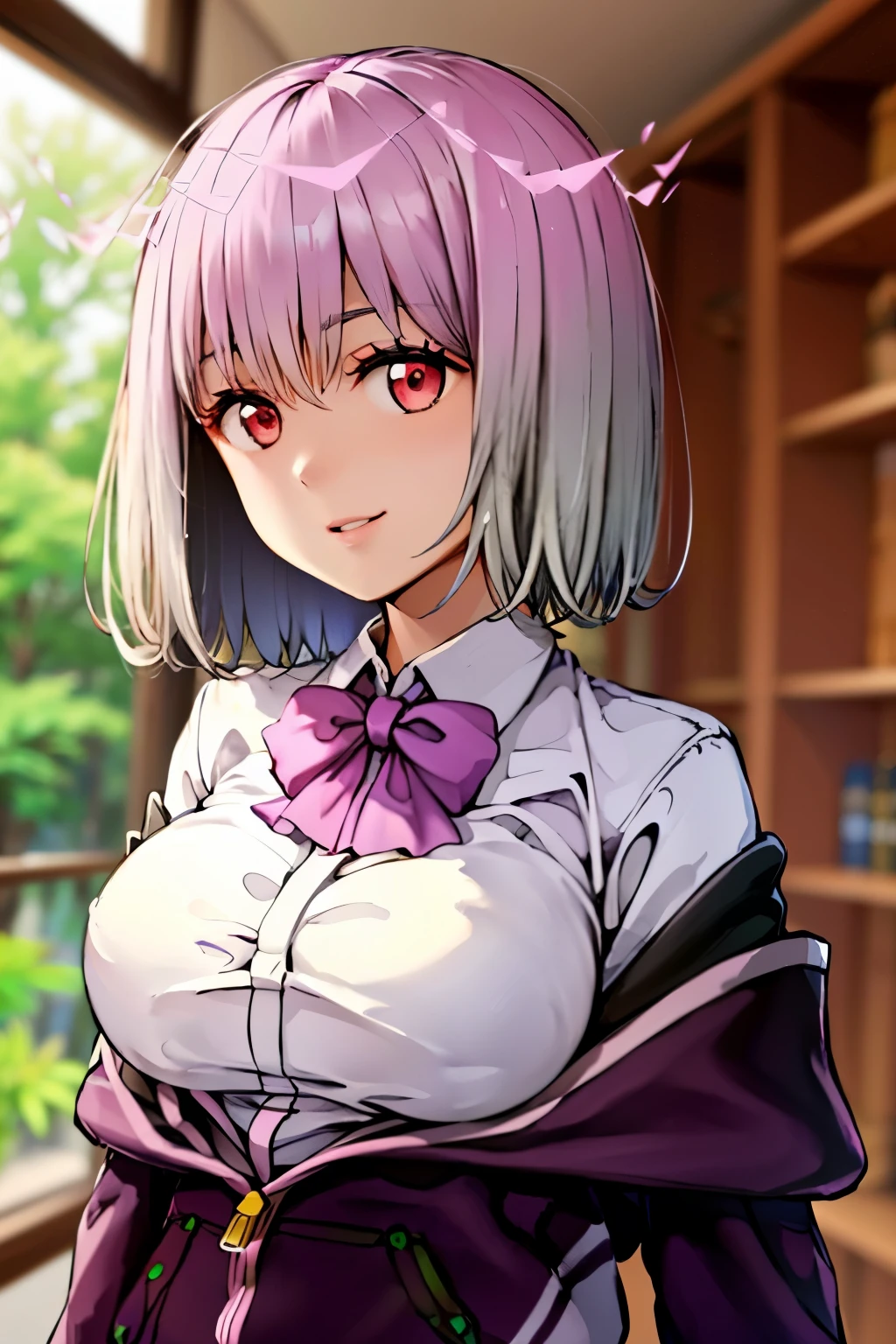 (8K、top-quality、masterpiece:1.2)、(realisitic、ultra-detailliert、超A high resolution,beautifull detailed face,perfect body,perfect lighting,constriction,beautiful detailed skin,skin texture,(((portrait))),(1giri,very short hair:1.5,purple hair,red eyes),giving a slight bow,(school uniform,purple bow tie,collared shirt,off shoulder,purple,jacket,partialy unzipped,long sleeves,sleeves past wrists,pleats skirt,black skirt,pantyhose,clothes around weist,black loafers)study homework,in classroom,empty eyes:1.5