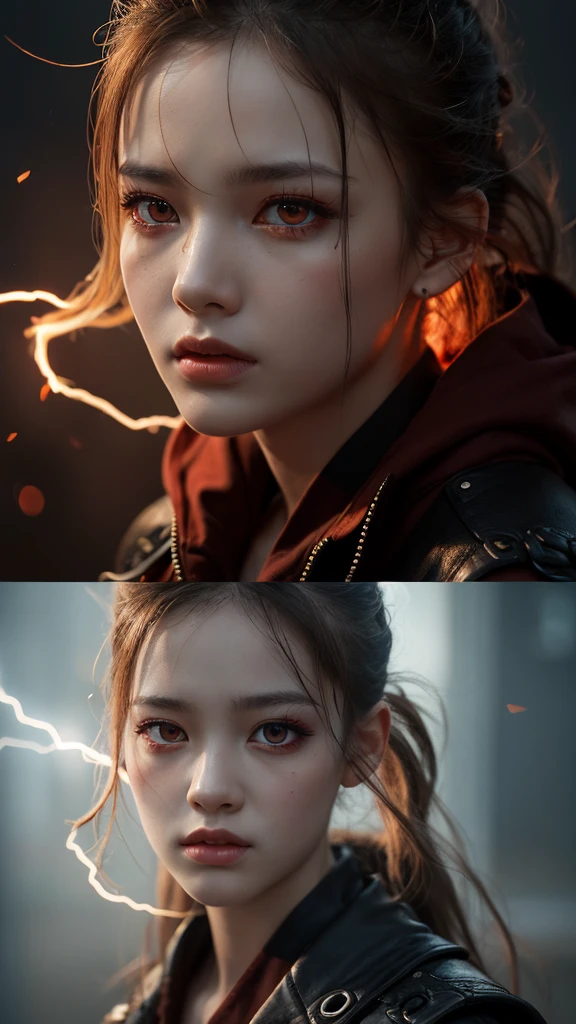 (Excellent quality:1.5), Red-haired female character, style of anime, Thai girl, wearing a jeans jackets, Joey Nivatara (Joey Nivatatsiri) image, dang my linh, Ruan's cute virtual anchor image, The appearance of a 19-year-old girl, With Tavan Duchani attached (Tawan Duchanee) Or the appearance of an 18-year-old girl, Plus supplements