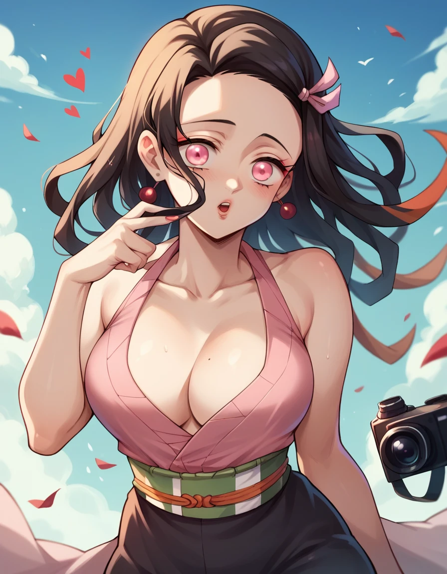 nezuko, demon slayer, giving some sexy pose, slim waist, big breasts, wearing indian saari, giving flying kiss, face towards camera