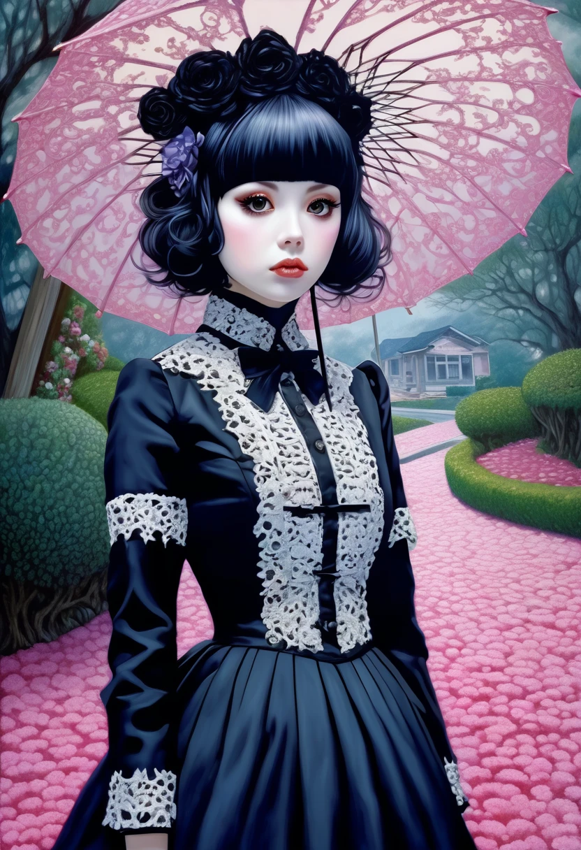 Creepy, Lolita Goth, The Beginning, paint, oil painting, intricate complexity, rule of thirds, in the style of Katsuhiro Otomo, Mobius, Paolo Barcelaino, Hiroshi Yoshida, Thomas Kinkade, Yoshitaka Amano --ar 4:5