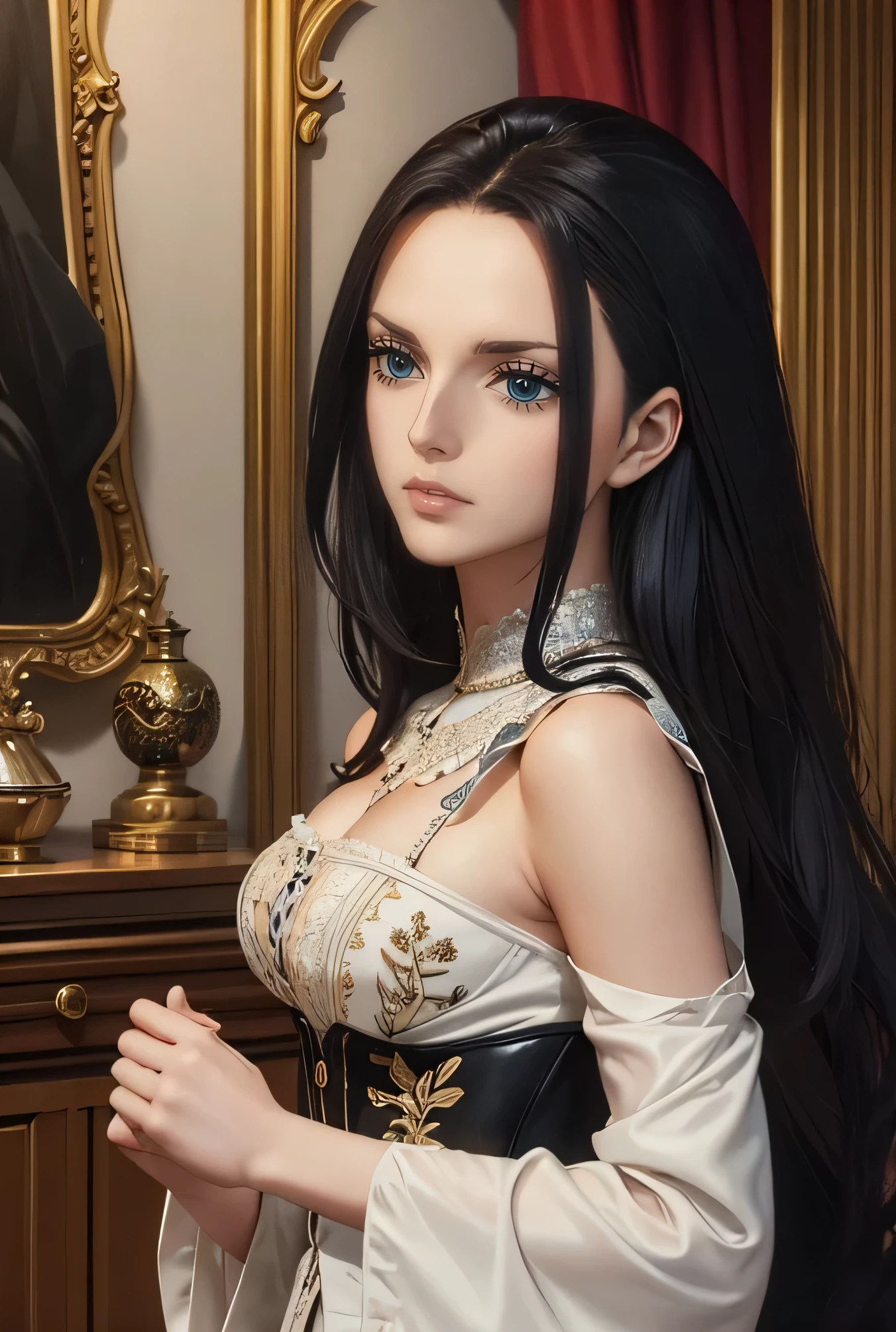 High quality、MASTERPIECE、4K、8k、16K、20 years old、1People Women、Perfect Face、A clean nose、The waist is thin、Glamorous and voluptuous
Long black hair reaching down to the shoulders、
Intricate Embroidery: Detailed and artistic embroidery that adds depth and texture to the garments1.
Theatrical Elements: Dramatic and theatrical presentation, often telling a story through the collection2.
Historical References: Inspiration from various historical periods, blending past and present styles3.
Luxurious Fabrics: Use of high-quality, luxurious materials like silk, velvet, and lace1.
Avant-Garde Silhouettes: Unique and unconventional silhouettes that challenge traditional fashion norms2.
Artistic Patterns: Bold and artistic patterns, often inspired by famous artworks or cultural motifs4.
Layering Techniques: Complex layering of fabrics and textures to create a rich, multidimensional look1.
Corsetry: Incorporation of corsets and structured elements to shape and define the body2.
Handcrafted Details: Emphasis on artisanal craftsmanship with hand-sewn details and finishes1.
Narrative Themes: Each collection often has a strong narrative or theme, adding depth and meaning to the design,cowboy shot