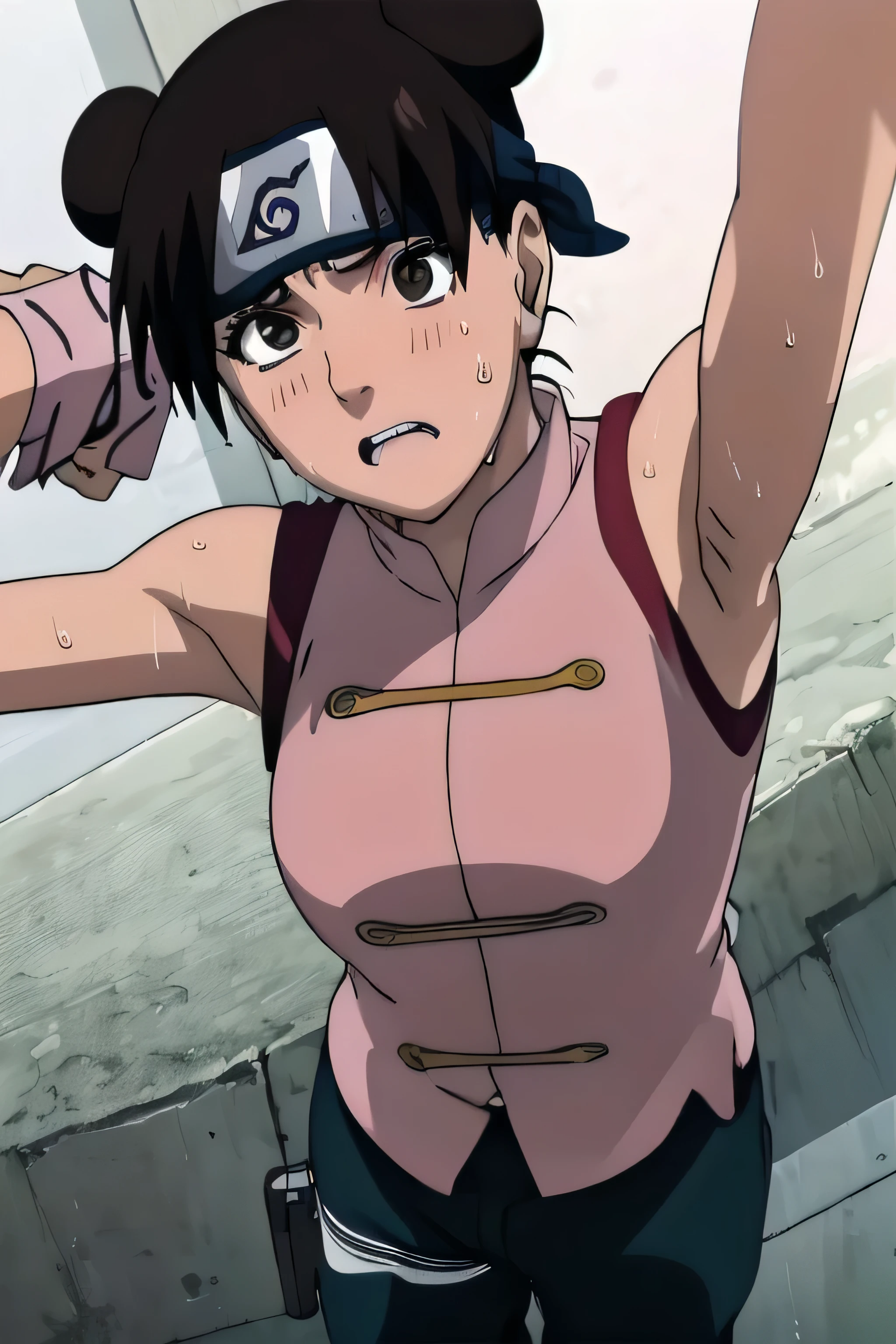 Tenten,solo,armpits,wet armpits, showing wet armpits, armpit,armpits,sweat,sweaty,sweaty armpits,awesome armpits,tired,exhausted,arms up,arm warmers,sleeveless, moderately sized breasts