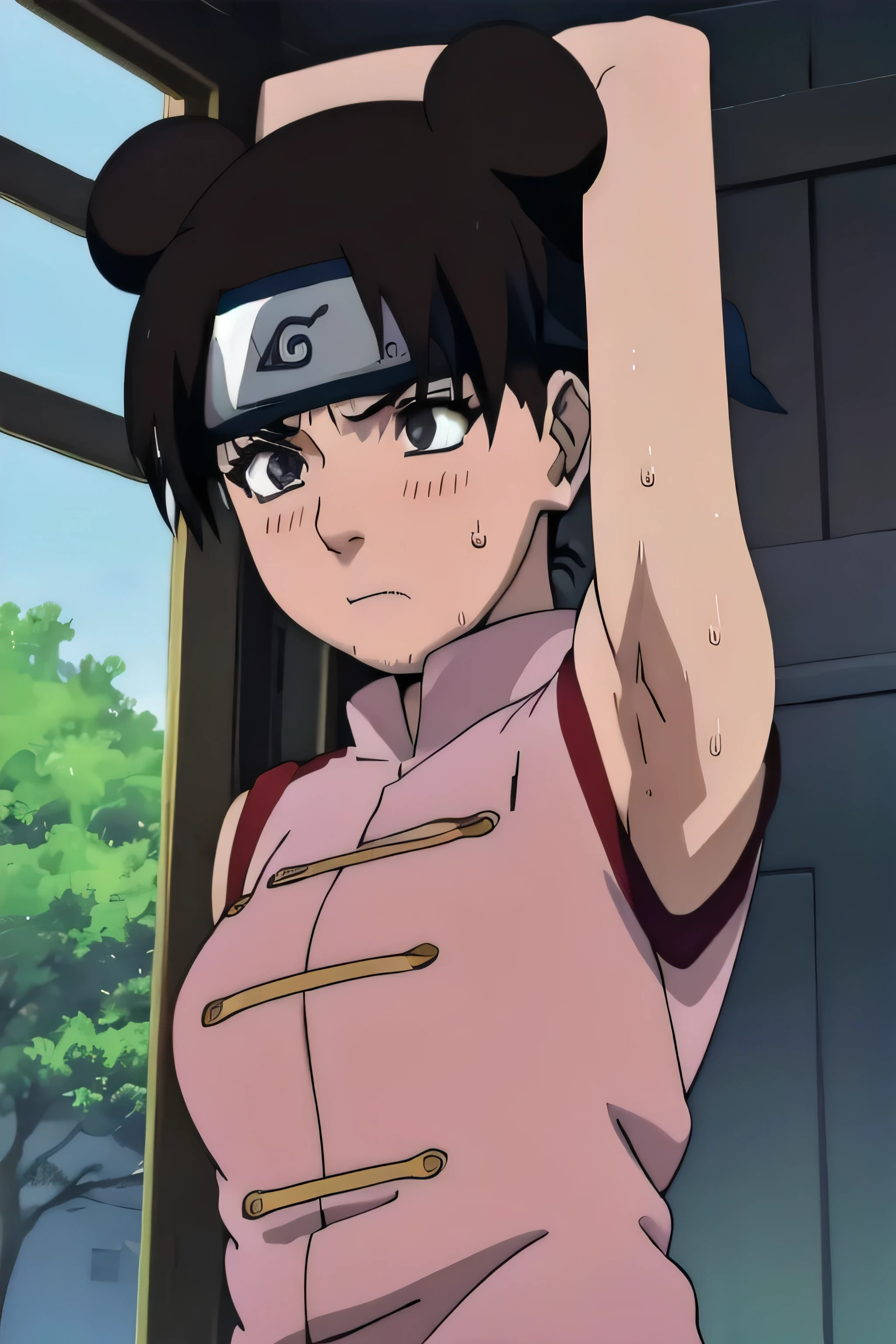 Tenten,solo,armpits,wet armpits, showing wet armpits, armpit,armpits,sweat,sweaty,sweaty armpits,awesome armpits,tired,exhausted,arms up,arm warmers,sleeveless, moderately sized breasts