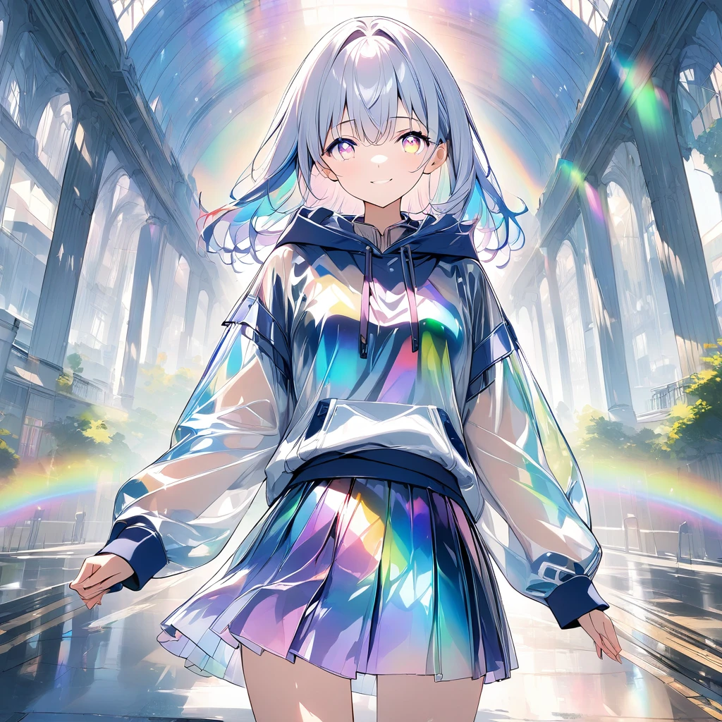 anime、((Amazingly absurd)),(masterpiece:1.2),超High resolution, Attention to detail, high quality, High resolution, 最high quality, 4K, 8k、One woman,Glass Clothes,hoodie,skirt,Iridescent,Rainbow Eyes,Shining Eyes,Looking at me and smiling,Mysterious