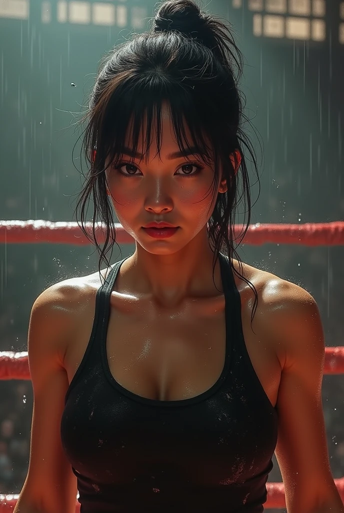 (masterpiece), best quality, expressive eyes, perfect face, Thailand MMA girl, killer, tanned, (masterpiece), best quality, expressive eyes, perfect face, 1girl, beautiful face, Beauty of beauty, (shinny skin, bob cut with movement), black eyes, eyebrows, Looking at Viewer, red polyester bodysuit, yandere look, bloodthirsty expression, standing in frustration, Black hair, (large swaying chest, A slender,), full body, bandage wrapped legwear, muscles, collarbone, slim waist, slim athletic build, Studio Lighting, Muaythai headband, bandage MMA gloves, Sweating, underworld fighting room, Thai face, knee pads, MuayThai, perfect anatomy, bandaged foot, feet, MMA shorts, solo, cum inside, sperm inside, wet shorts, kicks, Her Name, Thai language