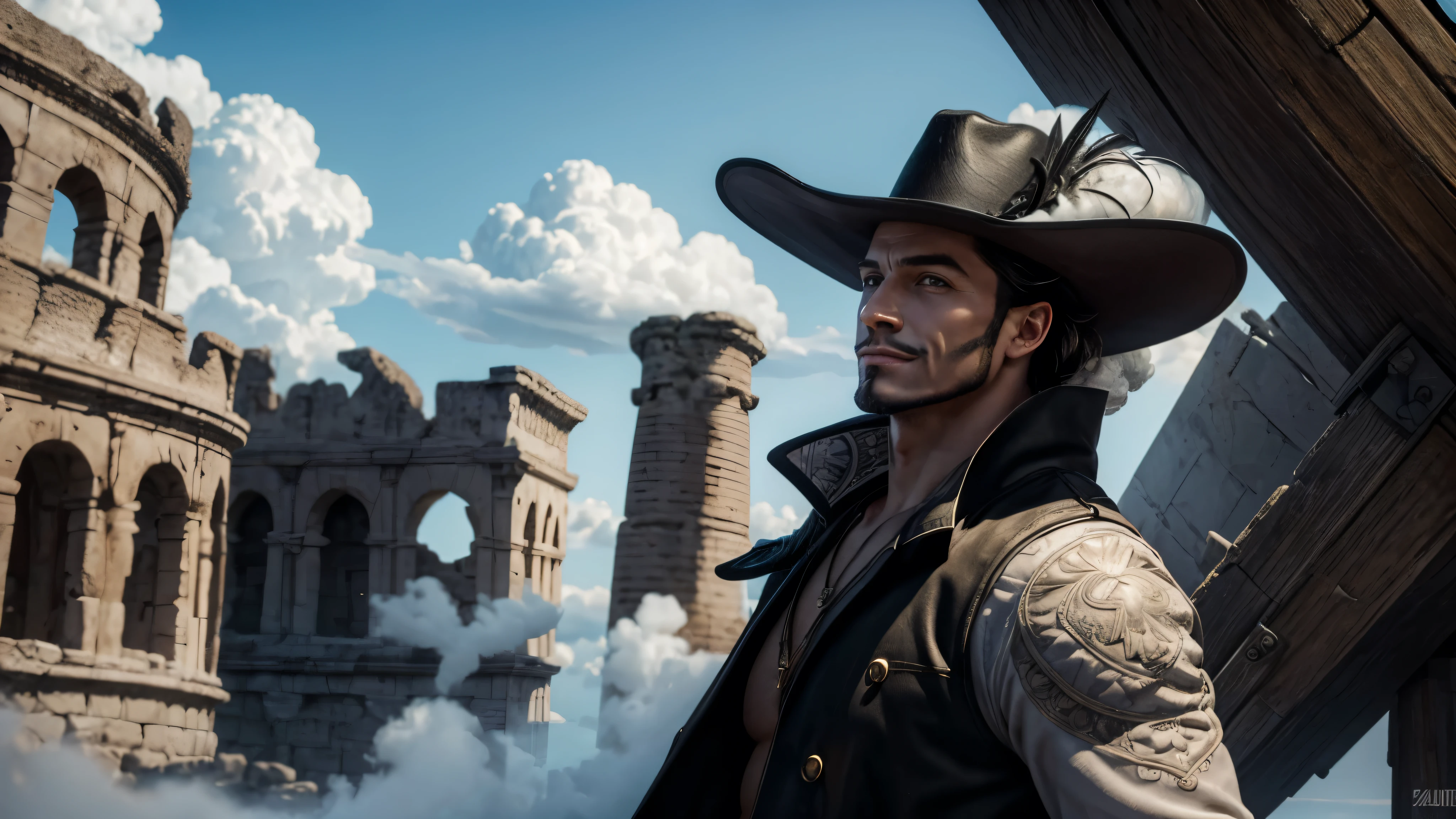 masterpiece, best quality, extremely detailed, hyperrealistic, photorealistic, a cool 40s man, ultra detailed face:1.2, black hat with feathers, the scene of the city with a lot of white clouds, above the clouds, ancient ruins with a lot of white clouds, sly smile, strenuous movements, from below, dynamic angle