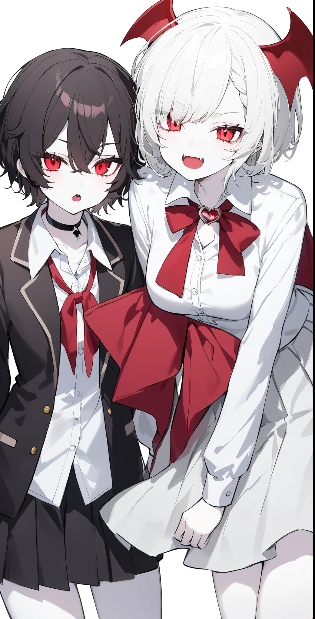 Women、Short Hair Perm、Red eyes、Fangs growing、vampire、high school student、Pure white pale skin、Pure white hair、shirt、skirt、