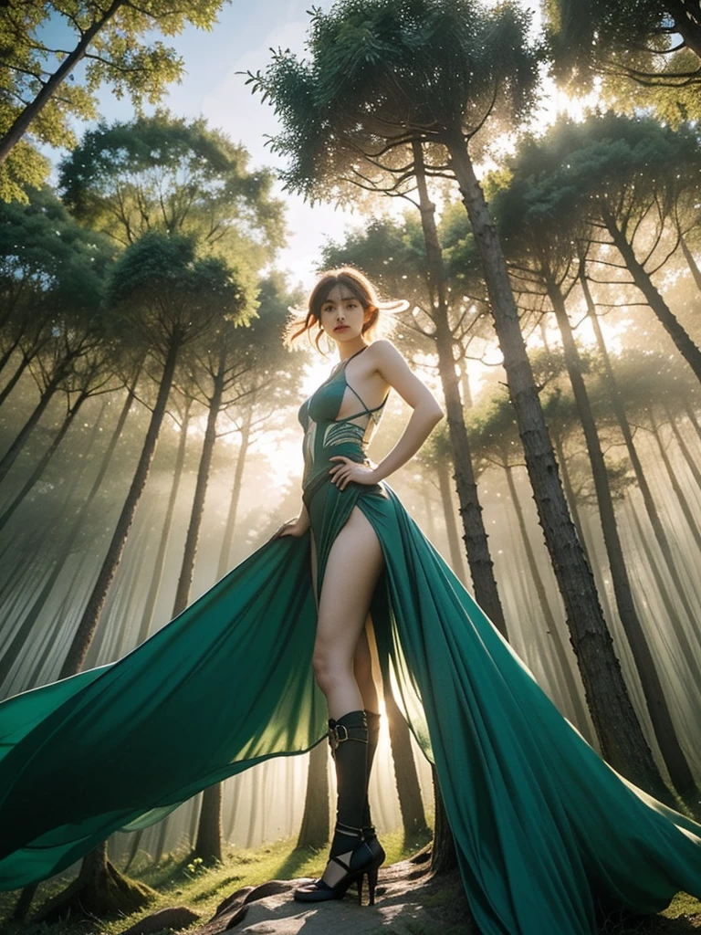 Open your legs，A dramatic Low angle shot of a female elf warrior, Hands on hips, Enchanted Forest中黄昏天空的映衬. This painting exudes undeniable power and beauty. (Low angle shot: 1.5), (Powerful lie pose: 1.4), (Enchanted Forest: 1.5), (Dusk silhouette: 1.3), (adventure: 1.4), (Fantasy World: 1.5).