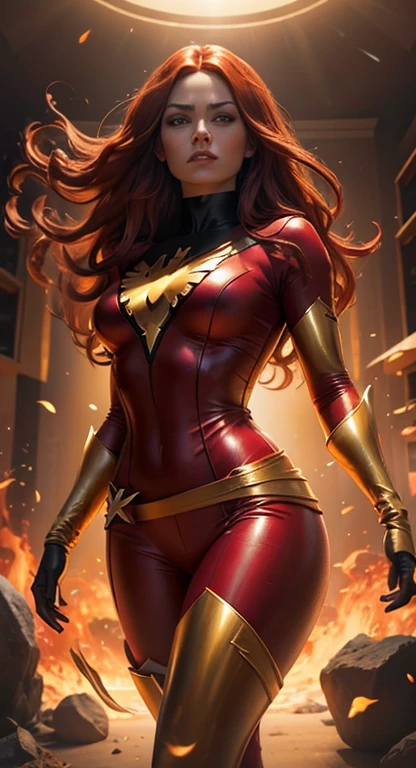 Jean Grey, X-Men, Dark Phoenix costume, A beautiful female superhero wearing red and golden costume, The colors are vibrant., modelshoot style, long hair, red hair, huge breasts, smooth, realistic, masterpiece, absurd, best quality, HDR, high quality, highest resolution, elegant, ultra-detailed, Beautiful, digital painting, artstation, by artgerm, by Liang Xing, by WLOP, smooth, sharp focus, 8k, intricate details, sharp lighting, movie lights, natural light, hard light, backlight, global illumination, Environmental occlusion, View your viewers, Environmental luxury room,